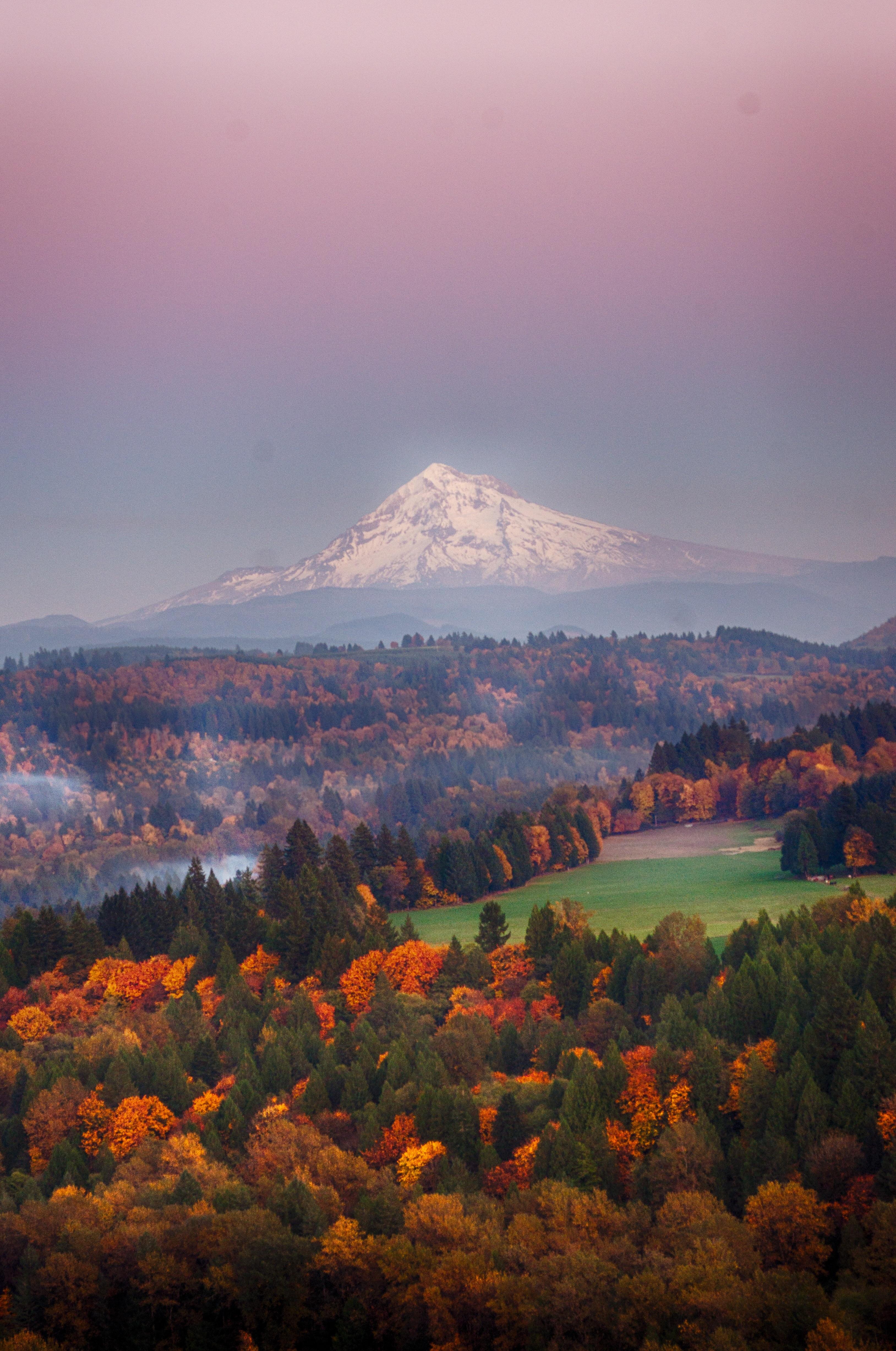 Mt. Hood as seen from Jonsrud viewpoint, Oregon at sunset in late fall