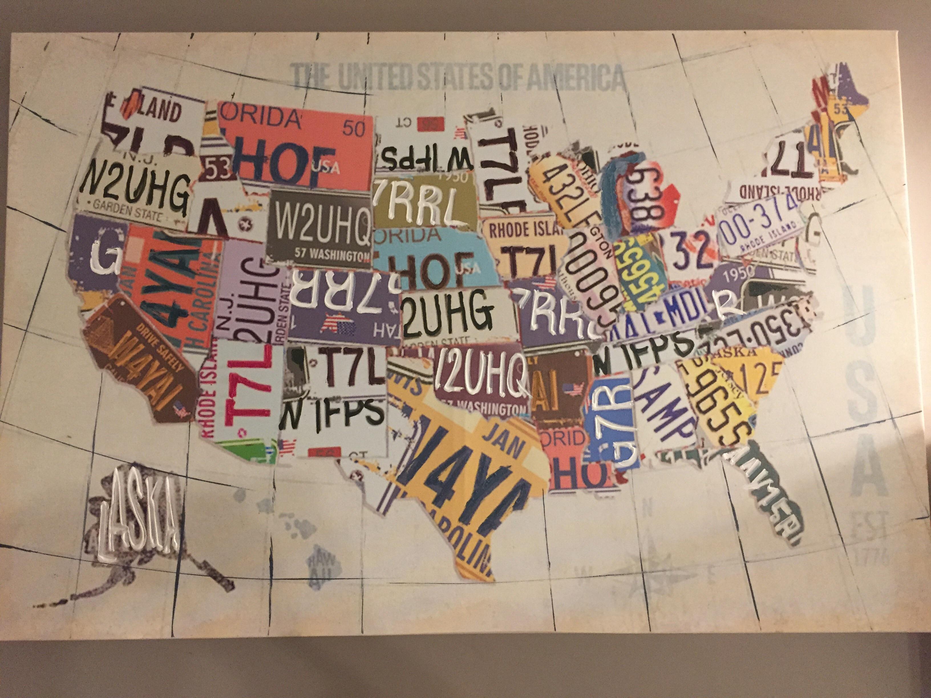 American Map Made Out Of Painted License Plates All that work to cut out the states and the license plates don't match