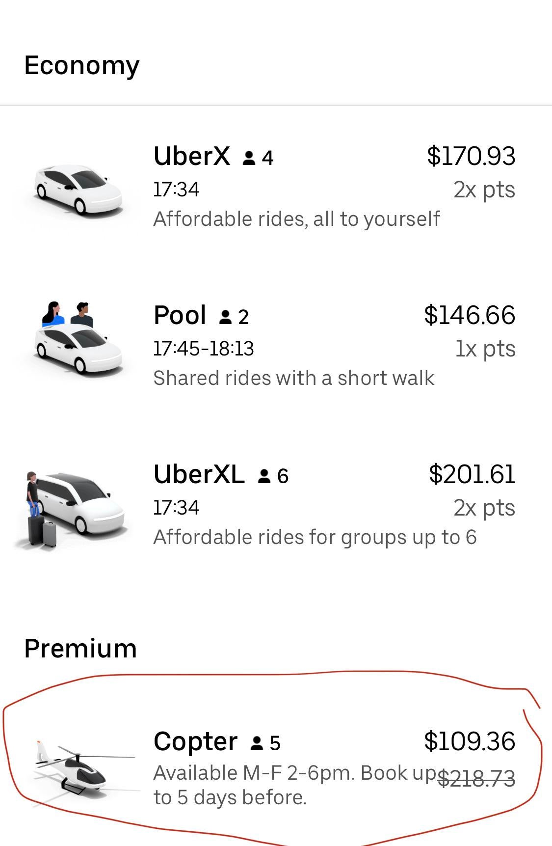 an uber helicopter is literally cheaper than a normal uber in my city