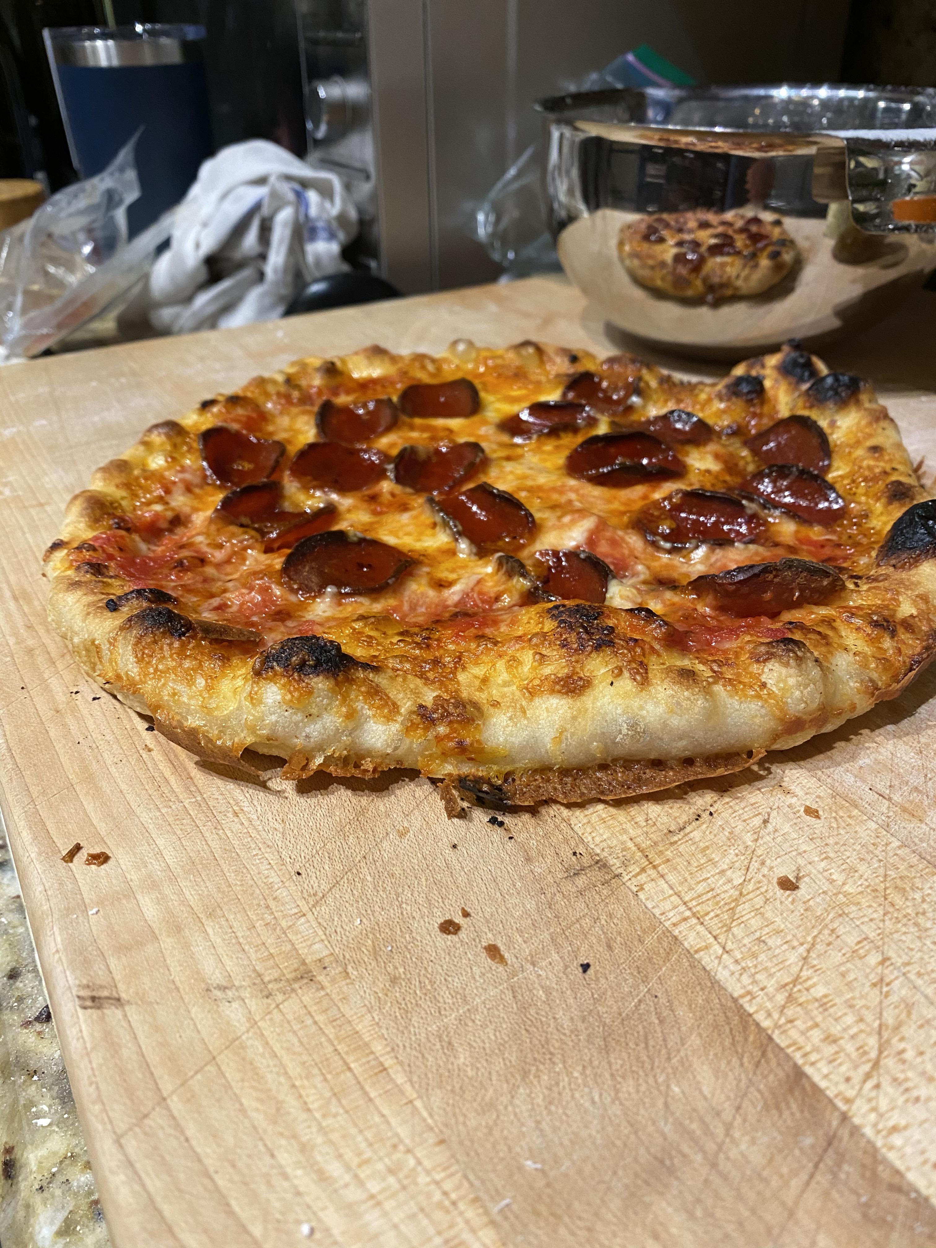 Made this pizza using Kenji’s cold fermented dough/cast iron method. So