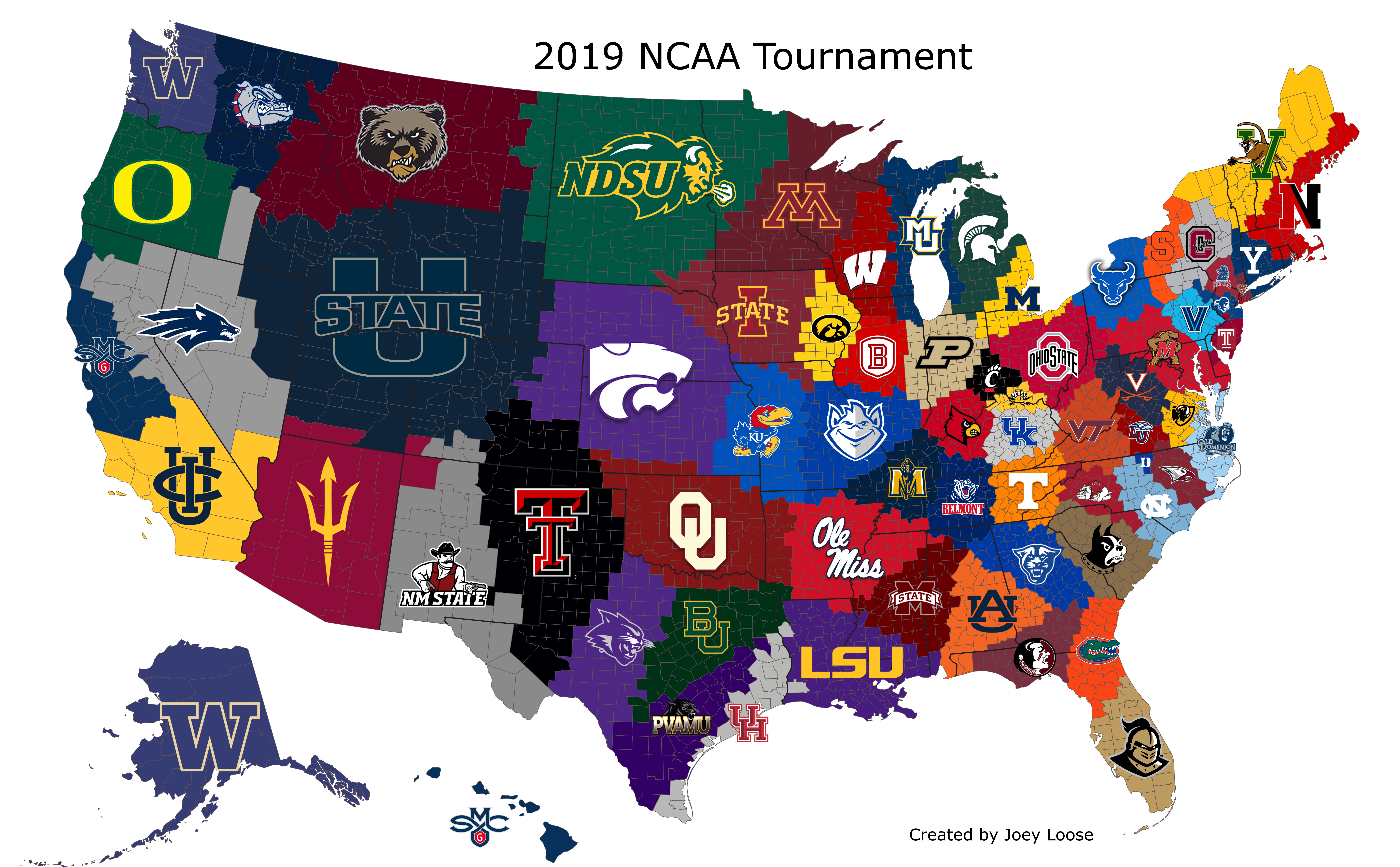 Closest NCAA Tournament Team to US Counties r/coolguides