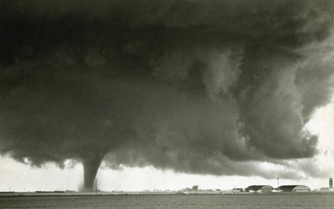 A tornadic supercell looms over Hector International Airport in Fargo