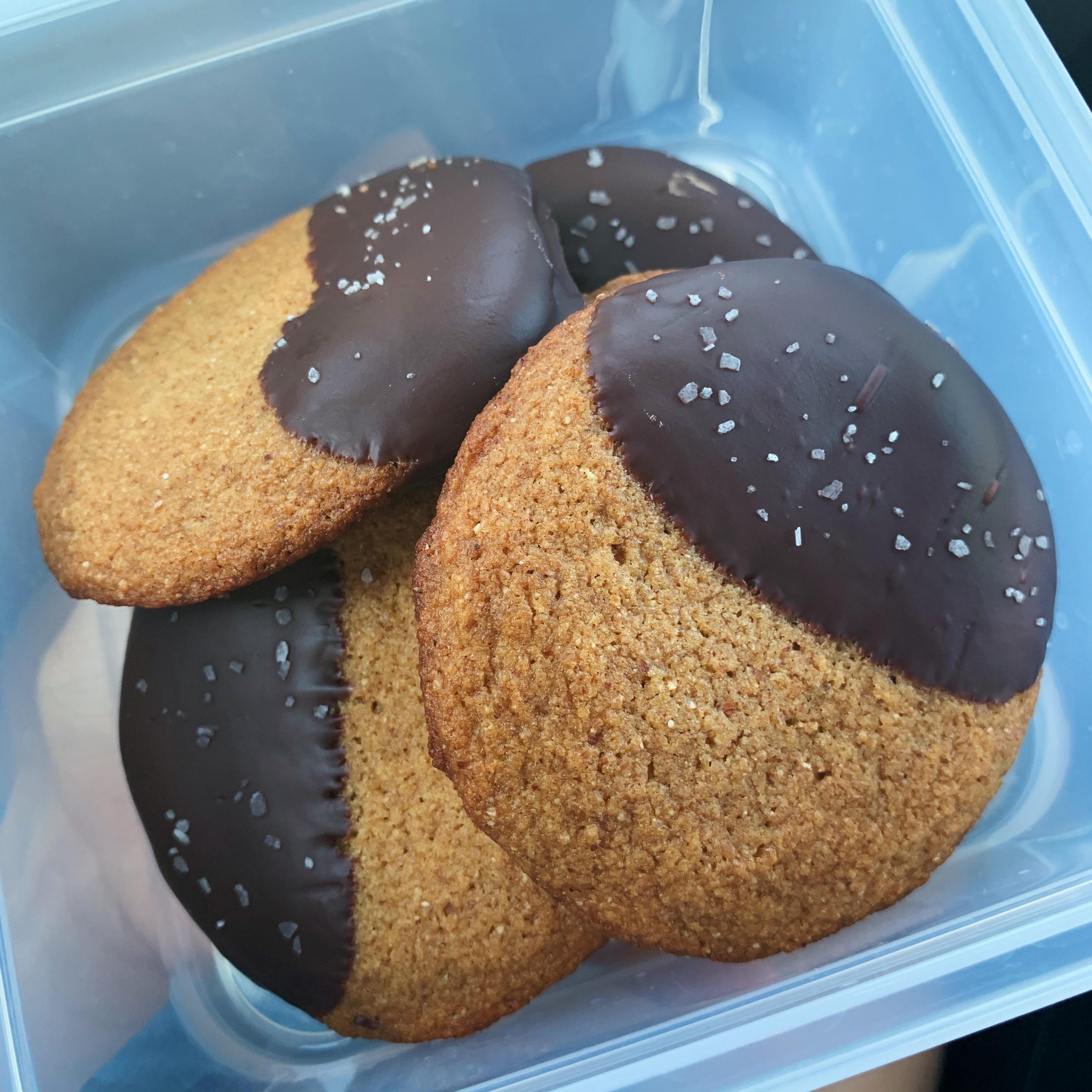 Miso almond butter cookies dipped in chocolate with sea salt r
