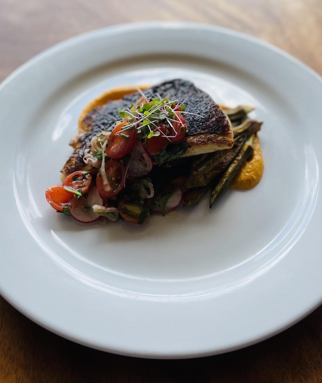 saturday special.. Blackened Snapper/Carrot Purée/CuminPaprika Roasted Okra/TomatoRadish