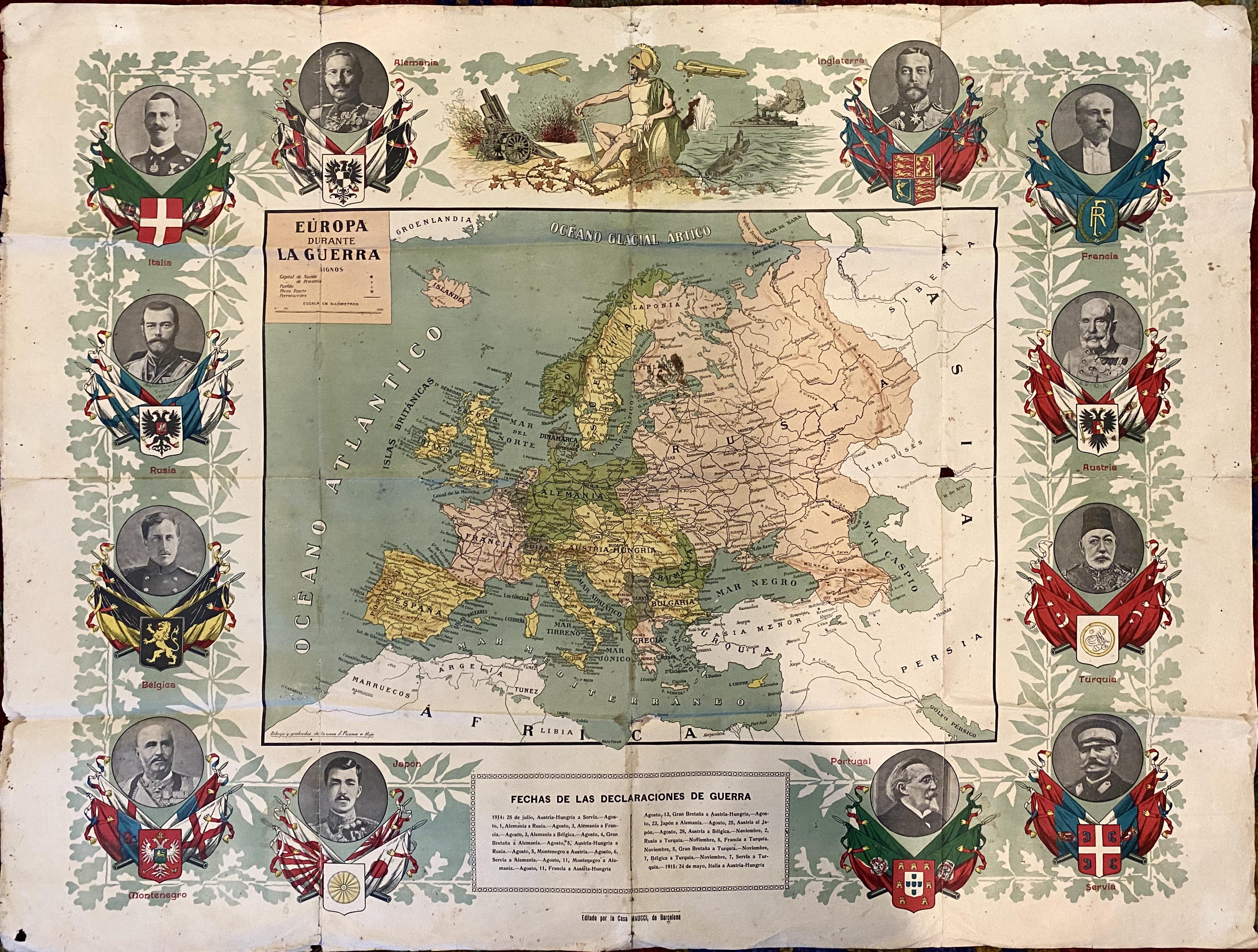 Spanish WWI map of Europe showing heads of state, coat of arms, and