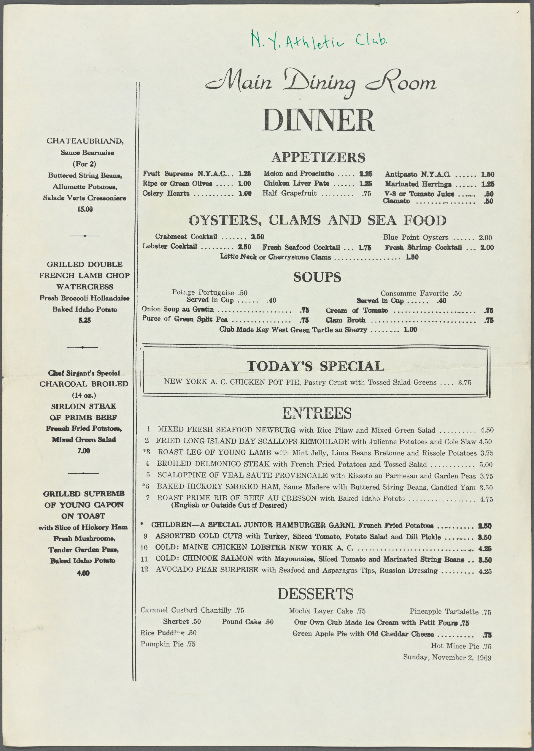 New York Athletic Club November 2, 1969 NYC, NY (NYPL) r/VintageMenus