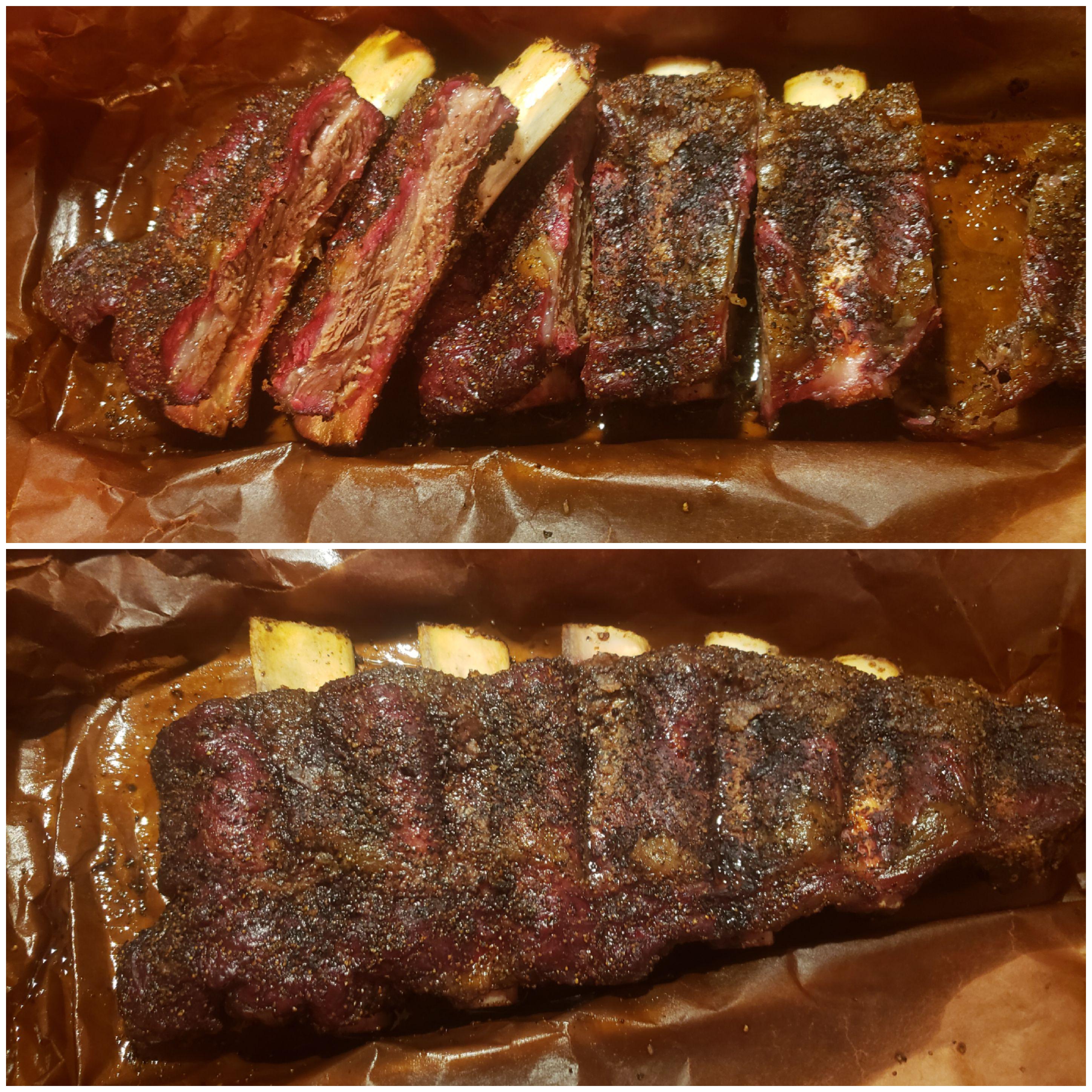 2 slabs of Beef back ribs, 225275 for 6 hours wrapped at 3.5 hours in