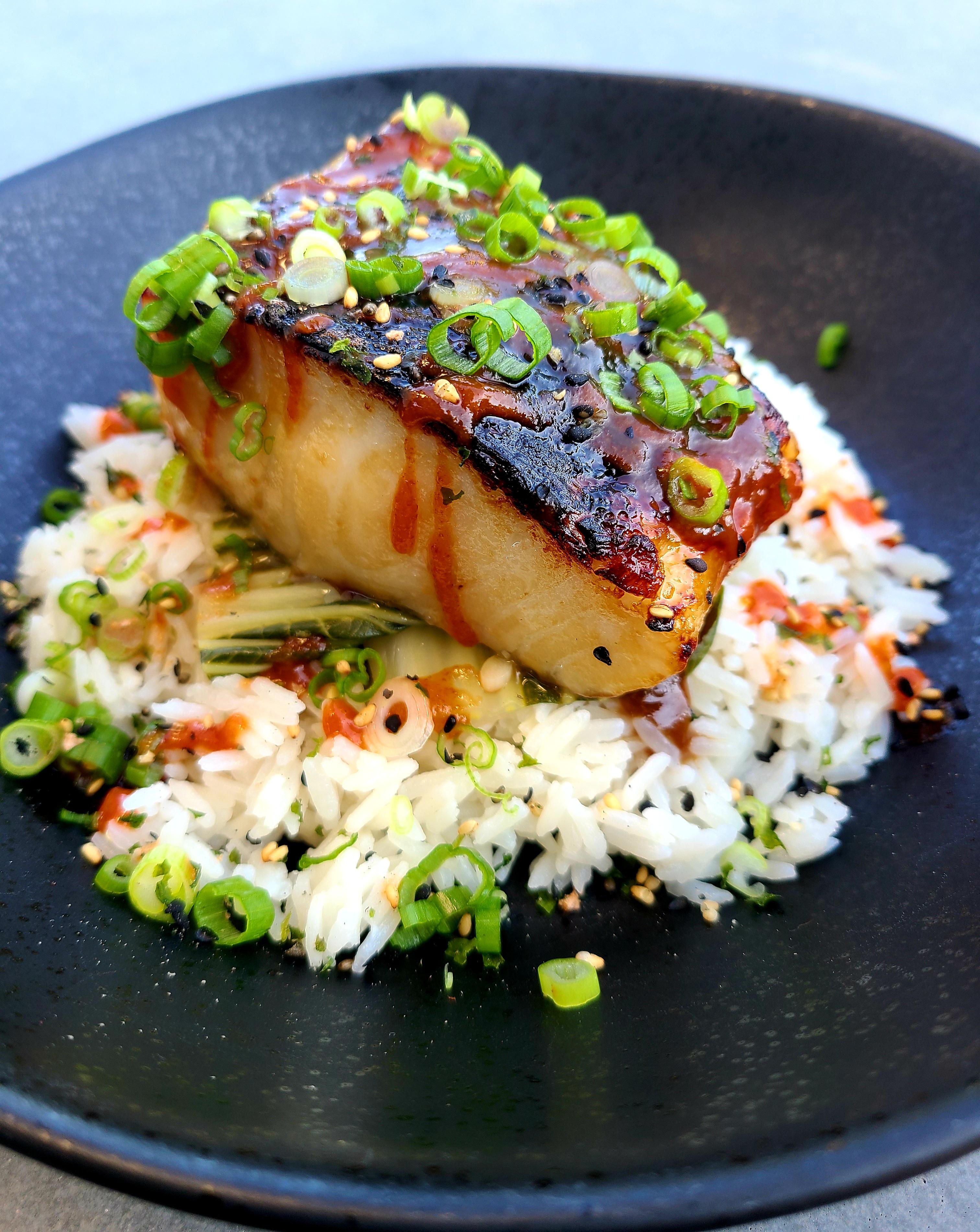 [Homemade] Miso Glazed Chilean Seabass on Steamed Bok Choy and Coconut
