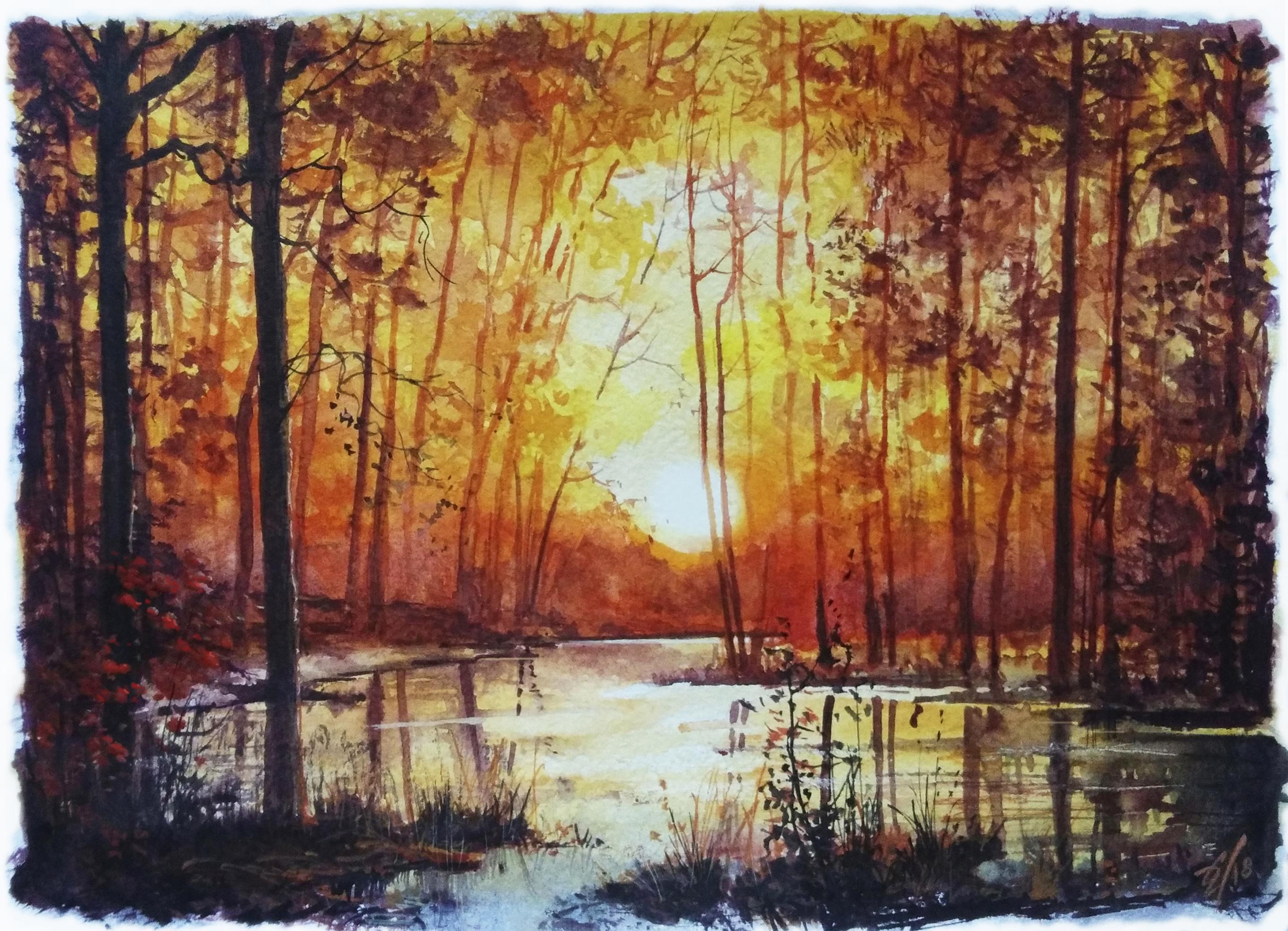 Sunset on the forest lake. Watercolor. 21 x 15 cm. r/Art