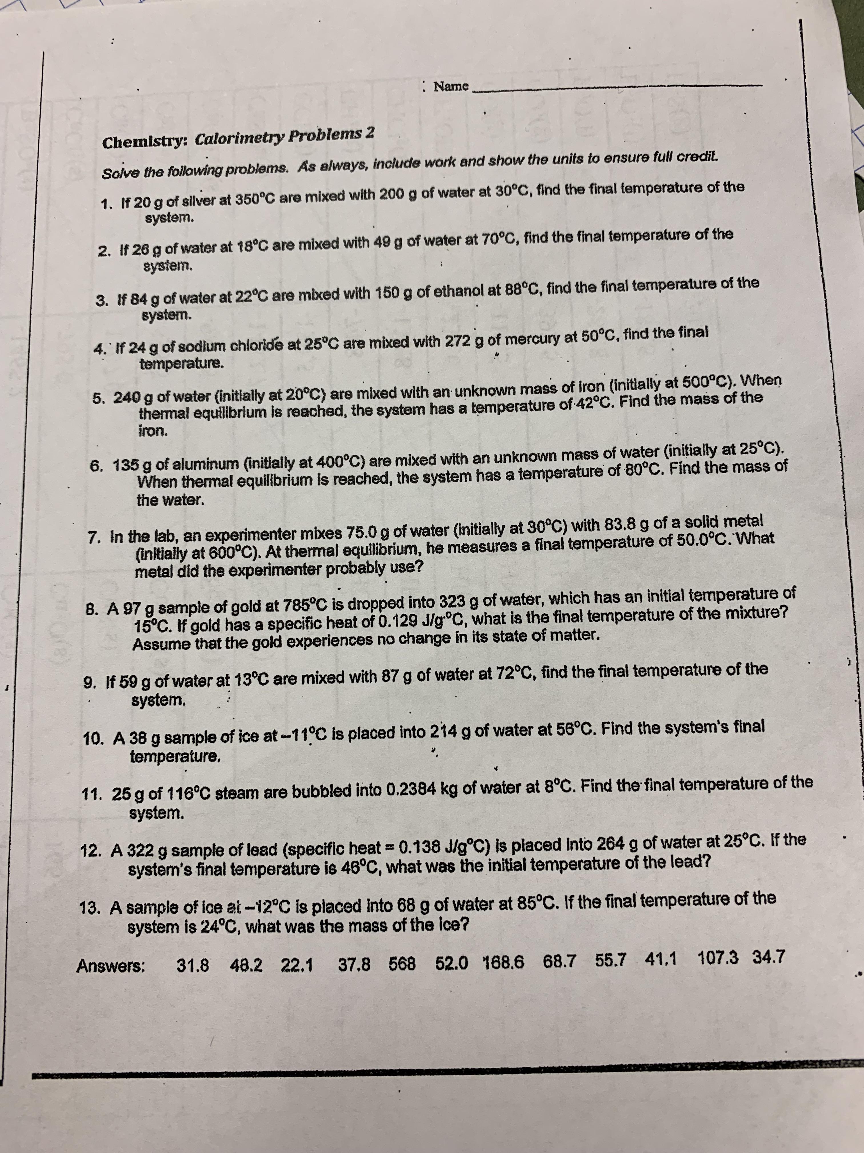 [High school Calorimetry] I really need help with 3, 5 and 13 r