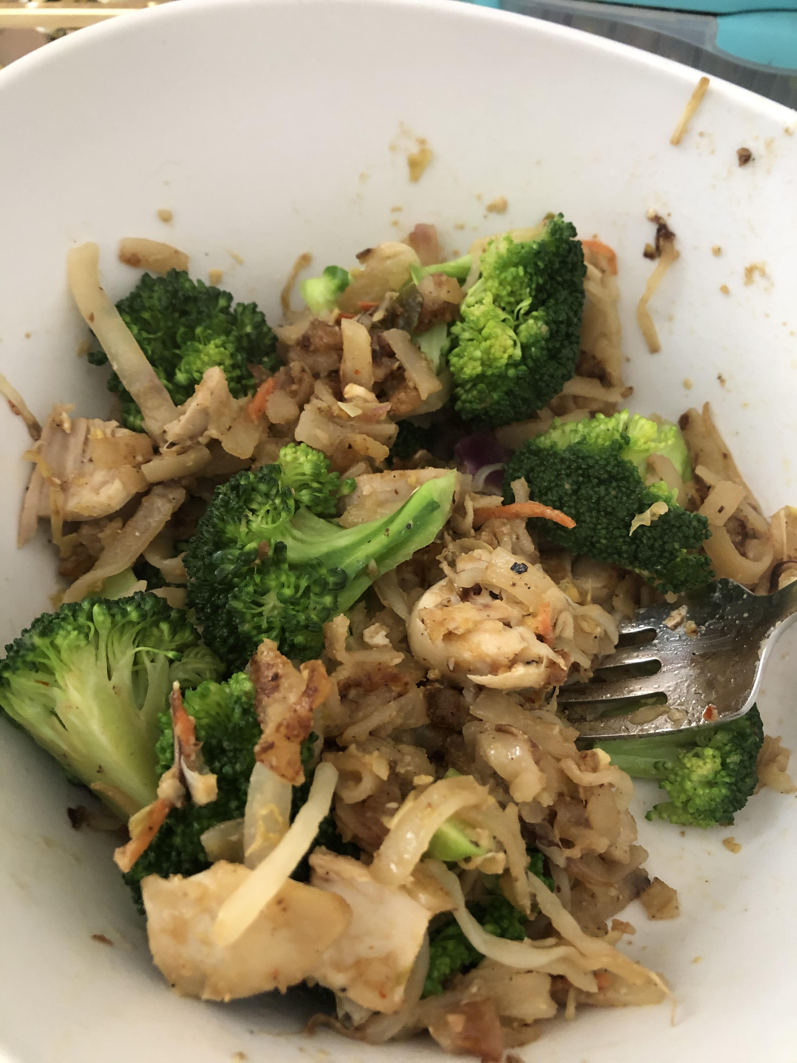 Leftover Pad Thai, fresh broccoli, and a bit of rotisserie chicken. Was