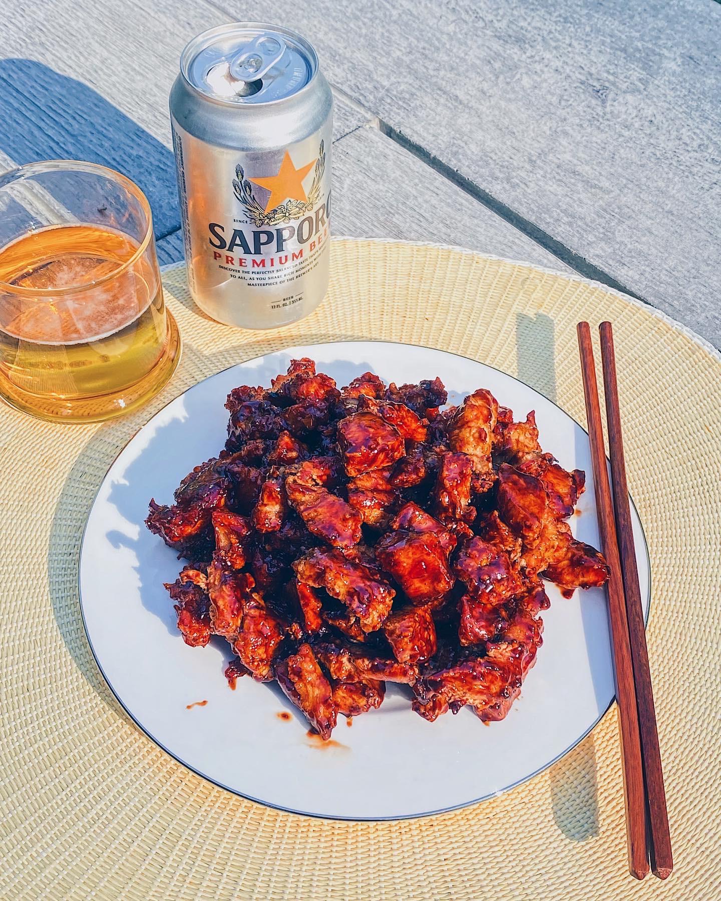 Korean fried chicken slathered in a sticky, salty, sweet sauce. Heaven