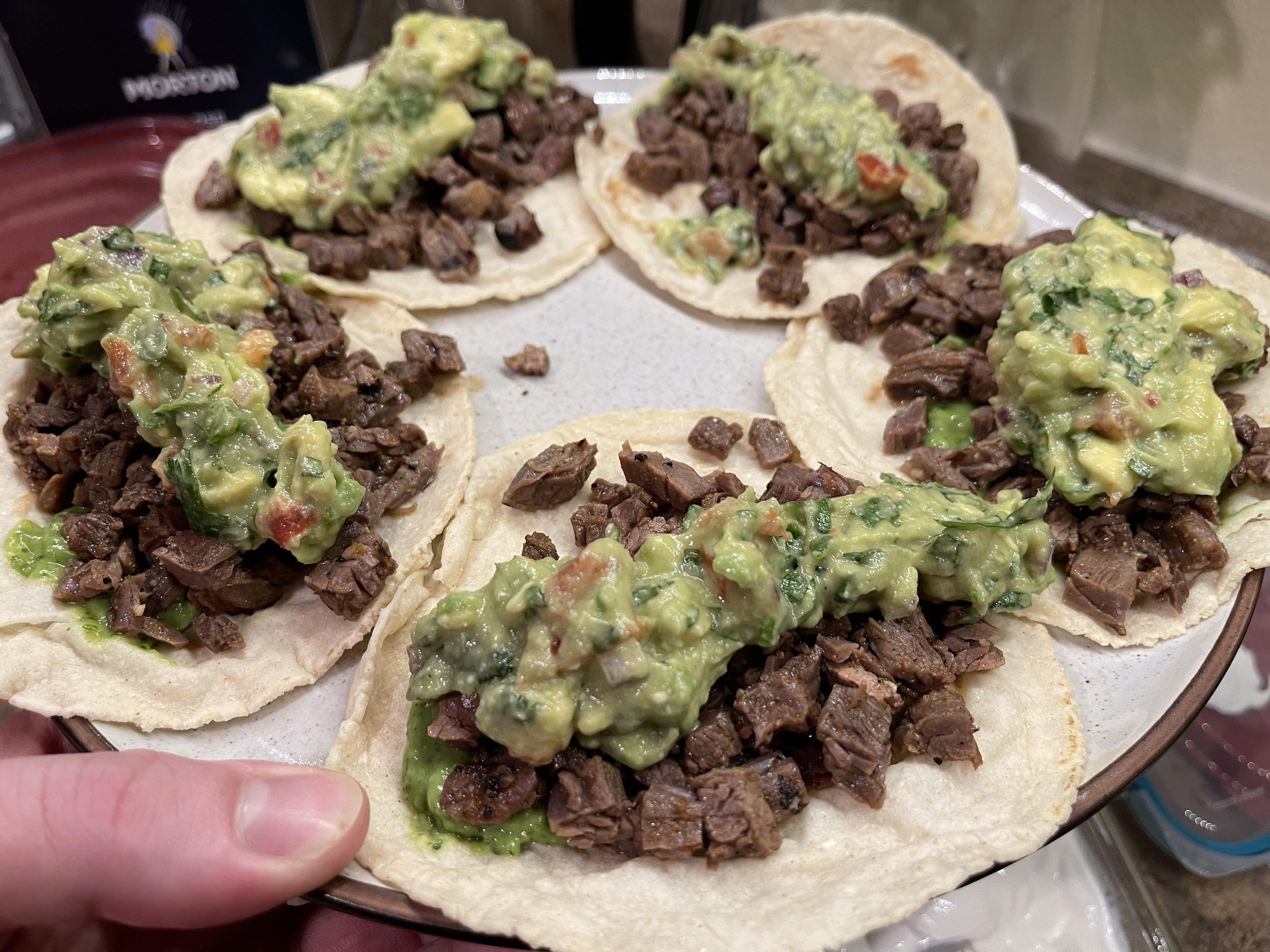 Guacamole Atop Carne Asada Tacos, on Handmade Corn Tortillas! r