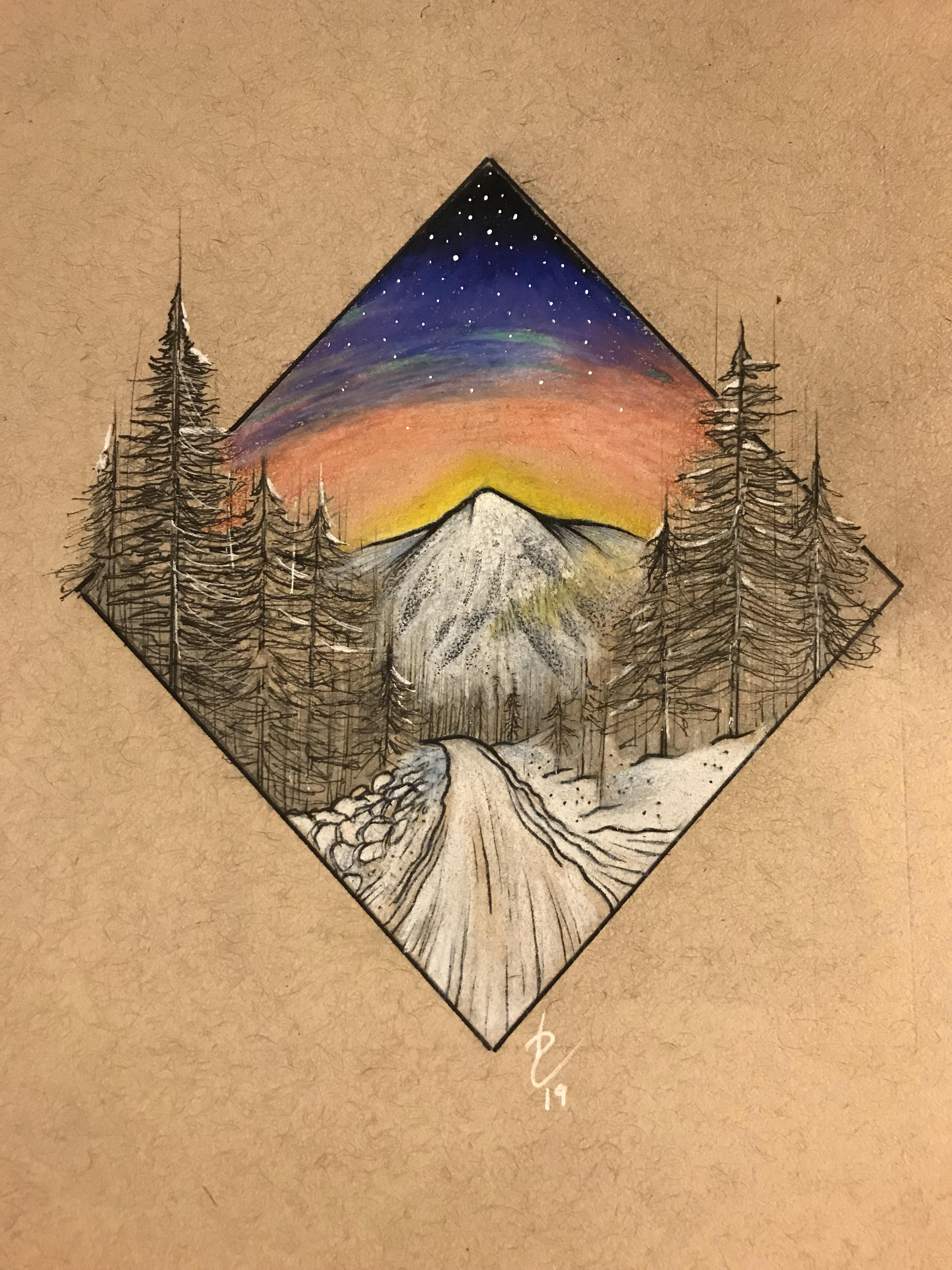 I drew this mountain scene a while ago for a friend. Prismacolor