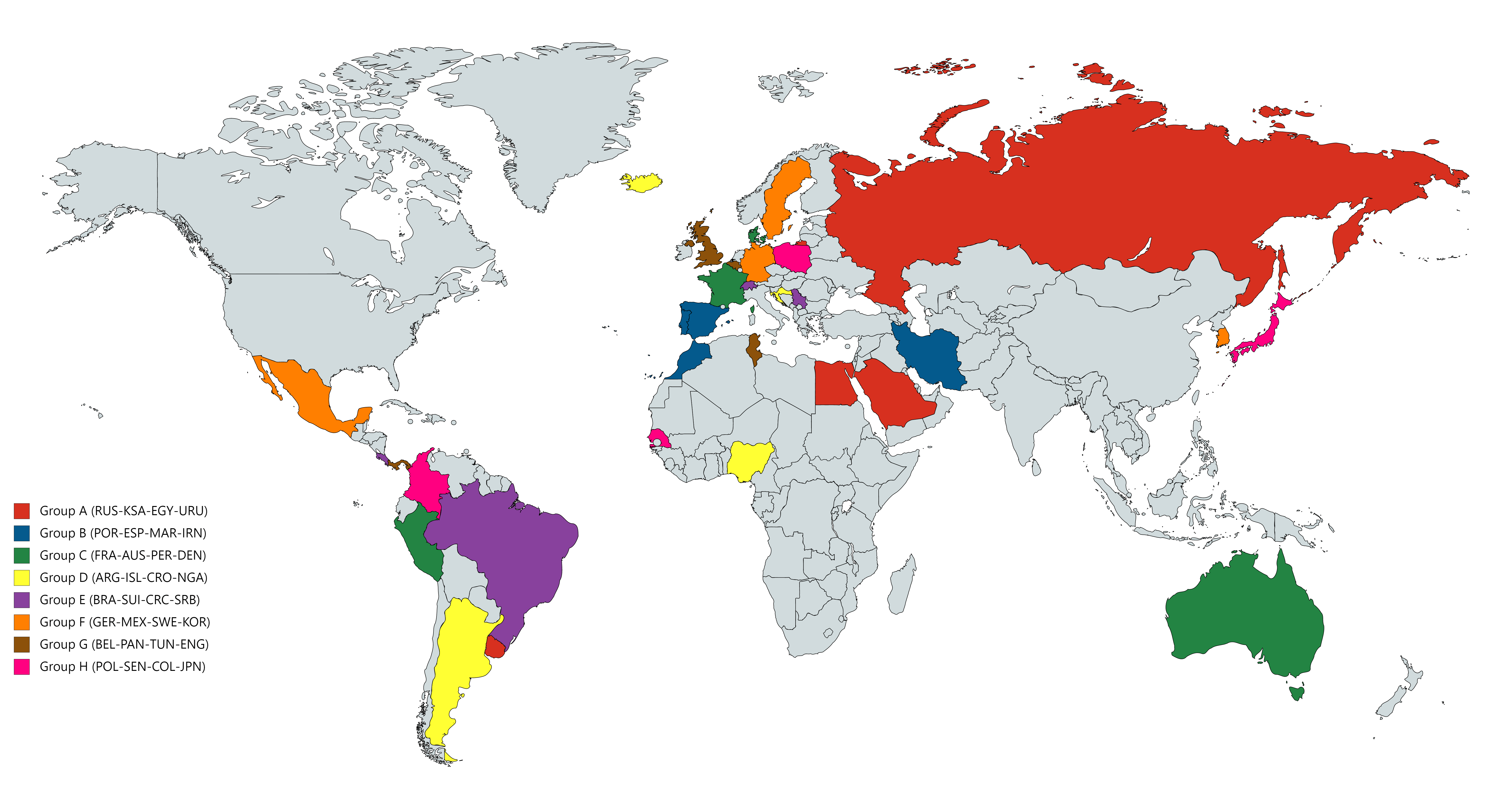 [OC] Countries colored by their groups in next year's World Cup [6460 X