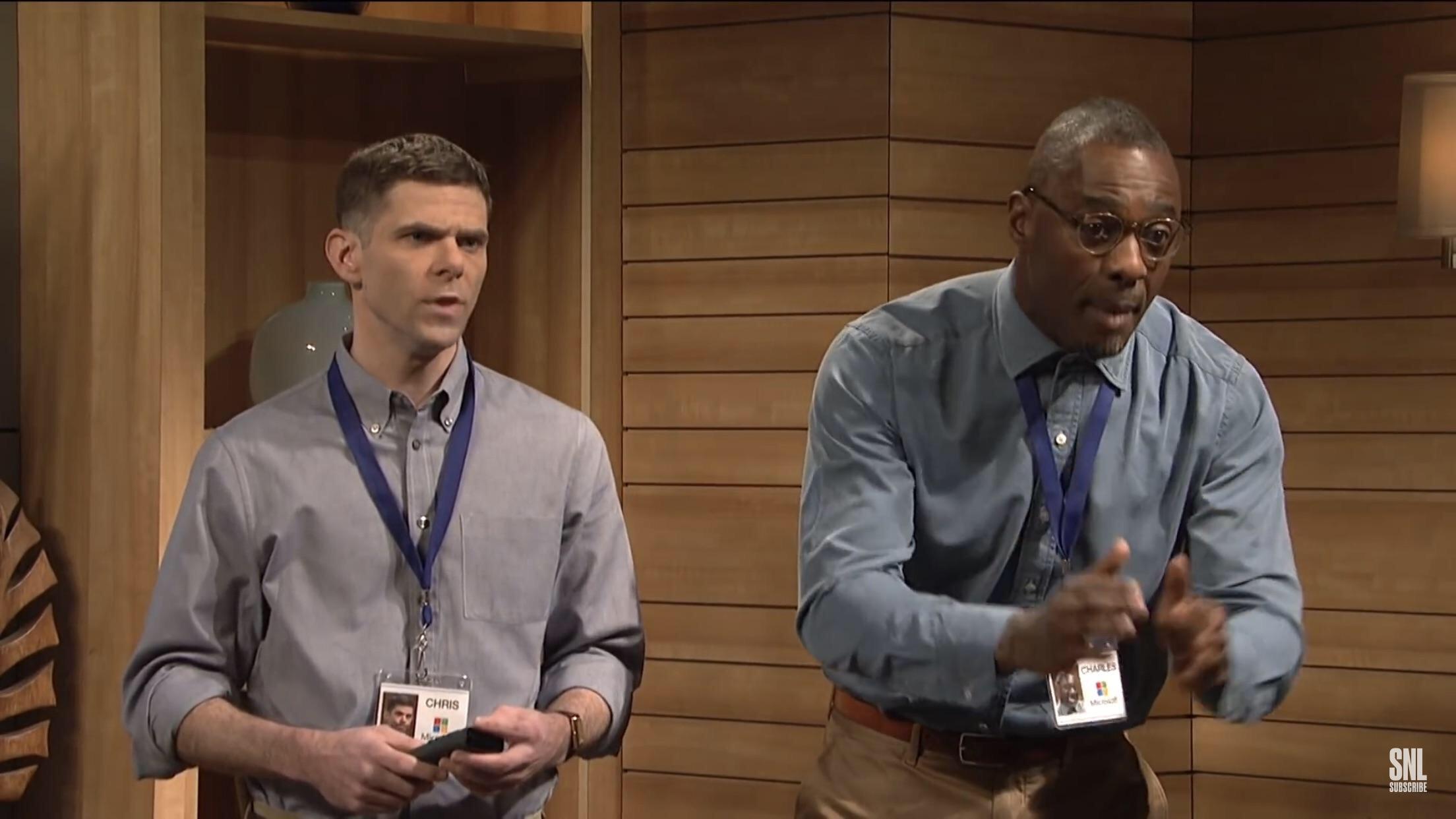 In SNL, Idris Elba hosted and in this office setting, his