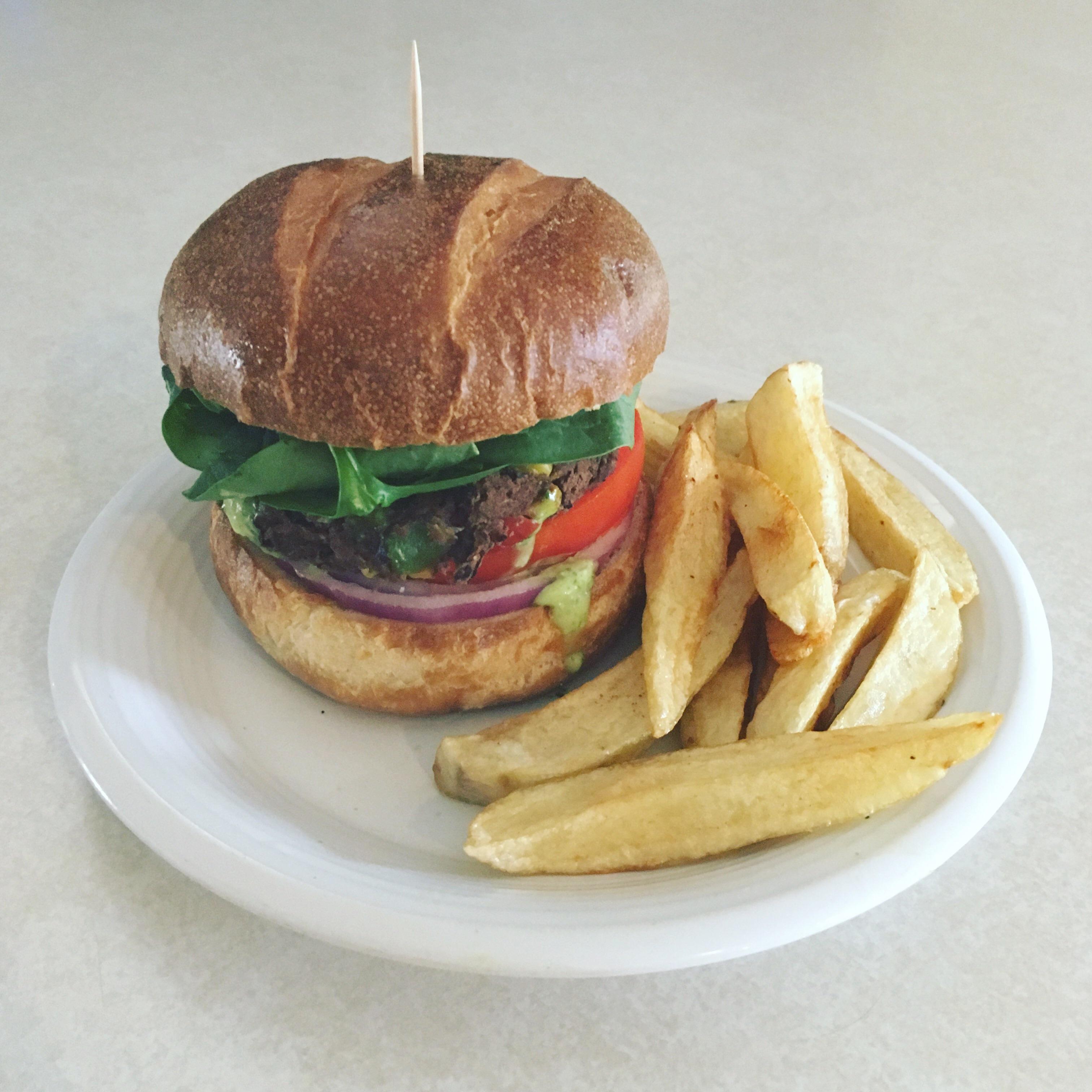 [Homemade] Black bean burger with a cilantro lime mayo on a pretzel bun