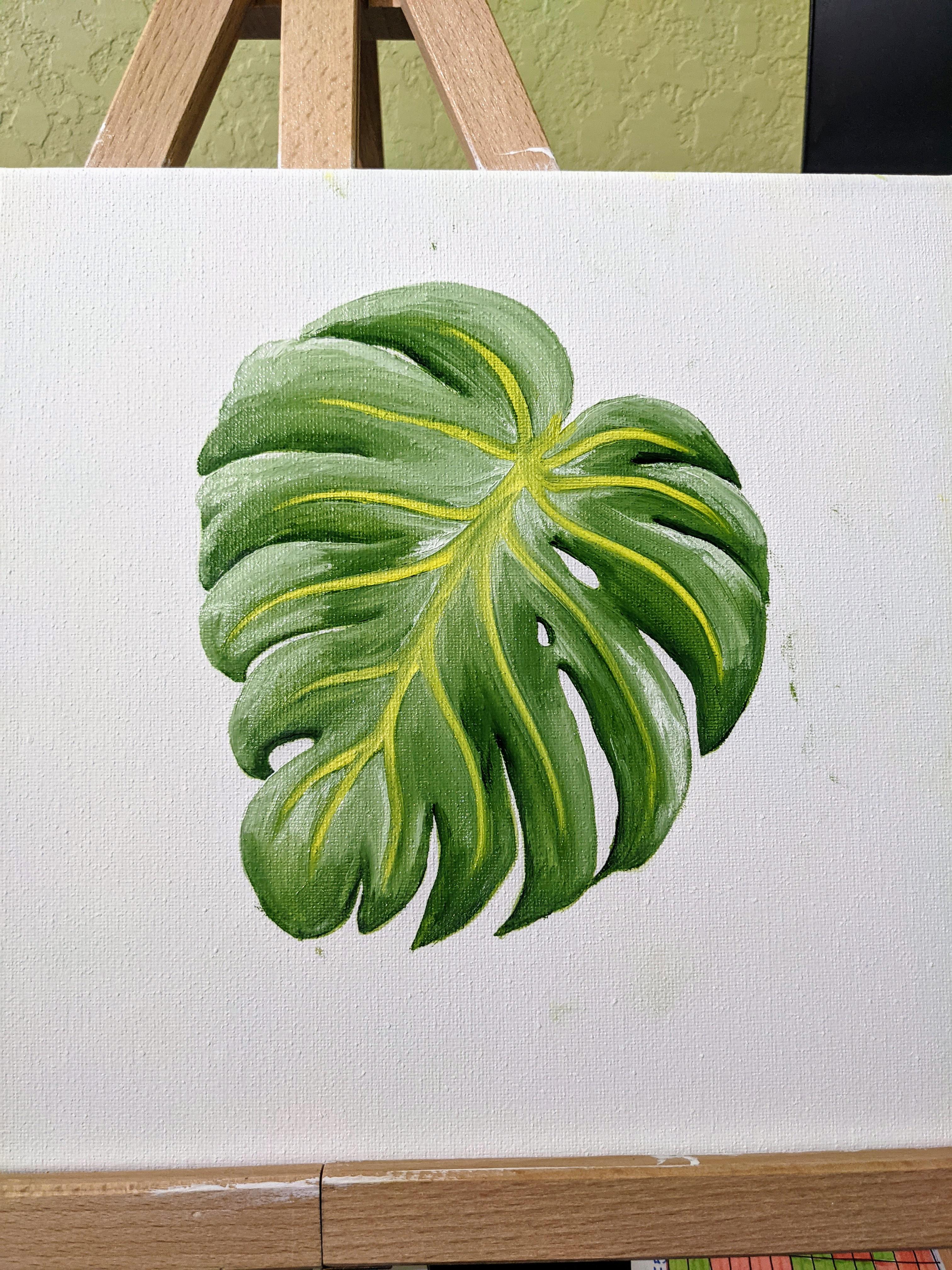 Decided to make an oil painting of a Monstera Deliciosa leaf after