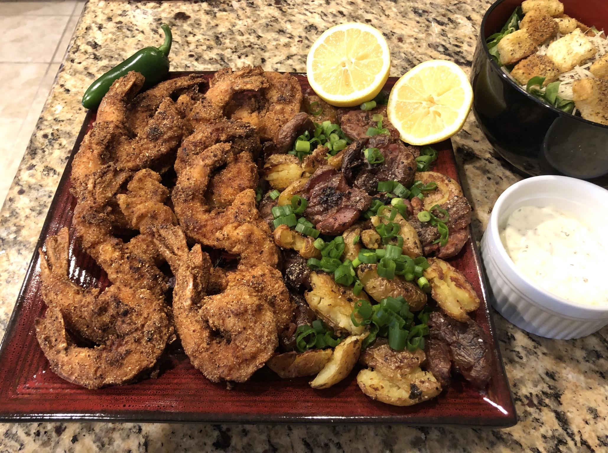 [Homemade] Cornmeal fried shrimp and smashed potaties. r/food