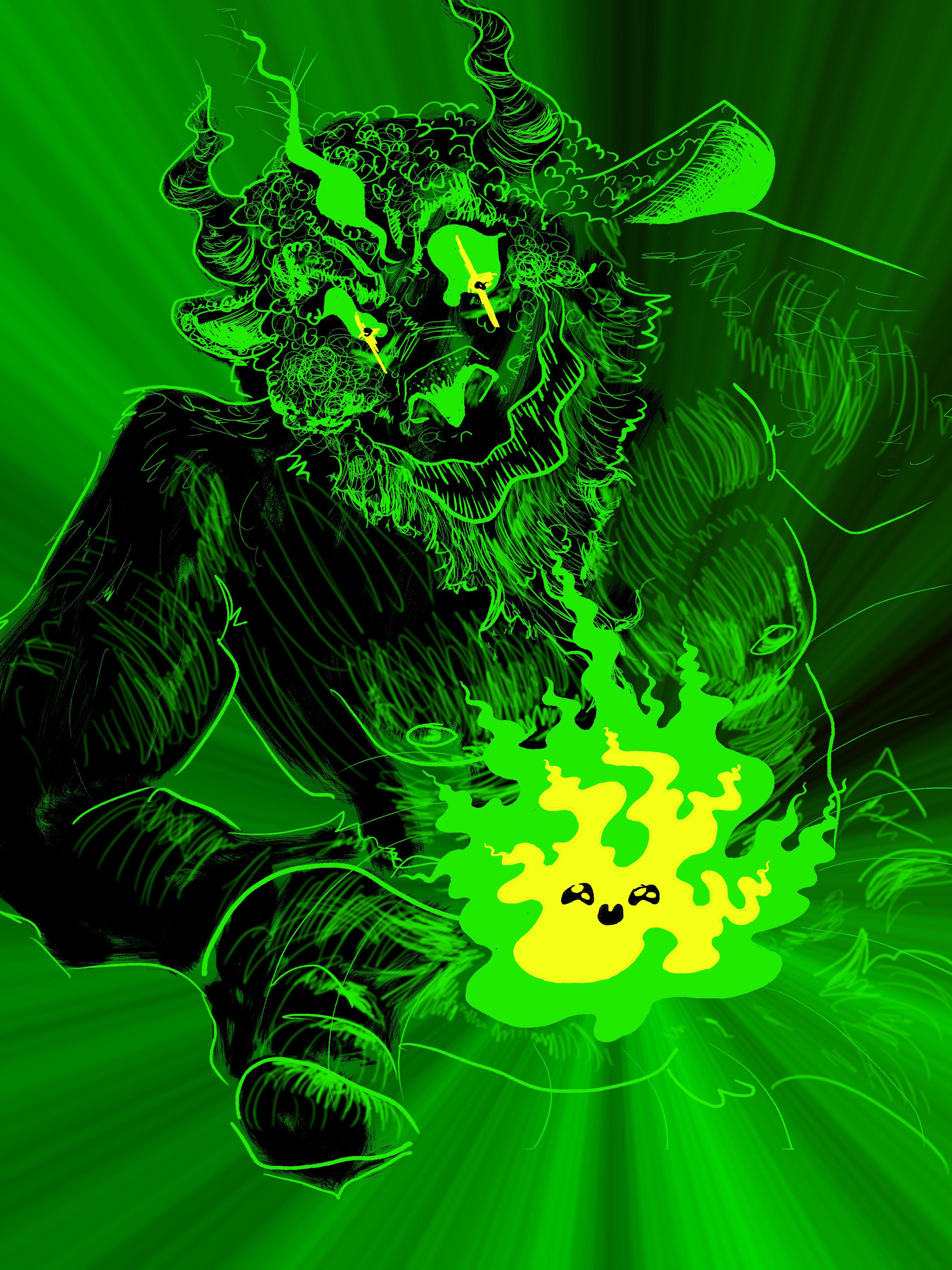 “Green Goat Demon & Fire Son”, me, digital, 2021 Art