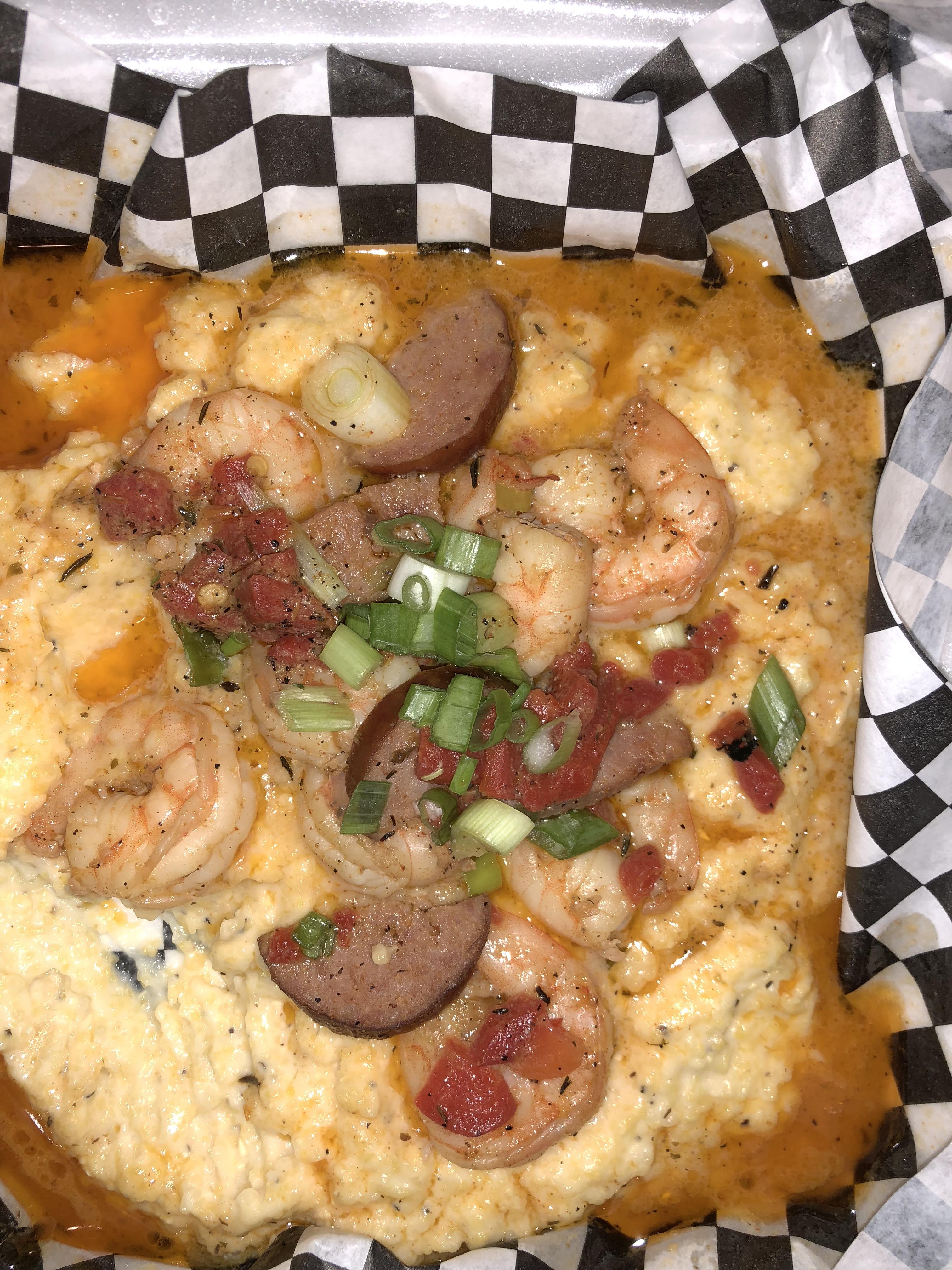 [I Ate] Creamy Carolina stone ground grits with panseared shrimp, red peppers, green onions