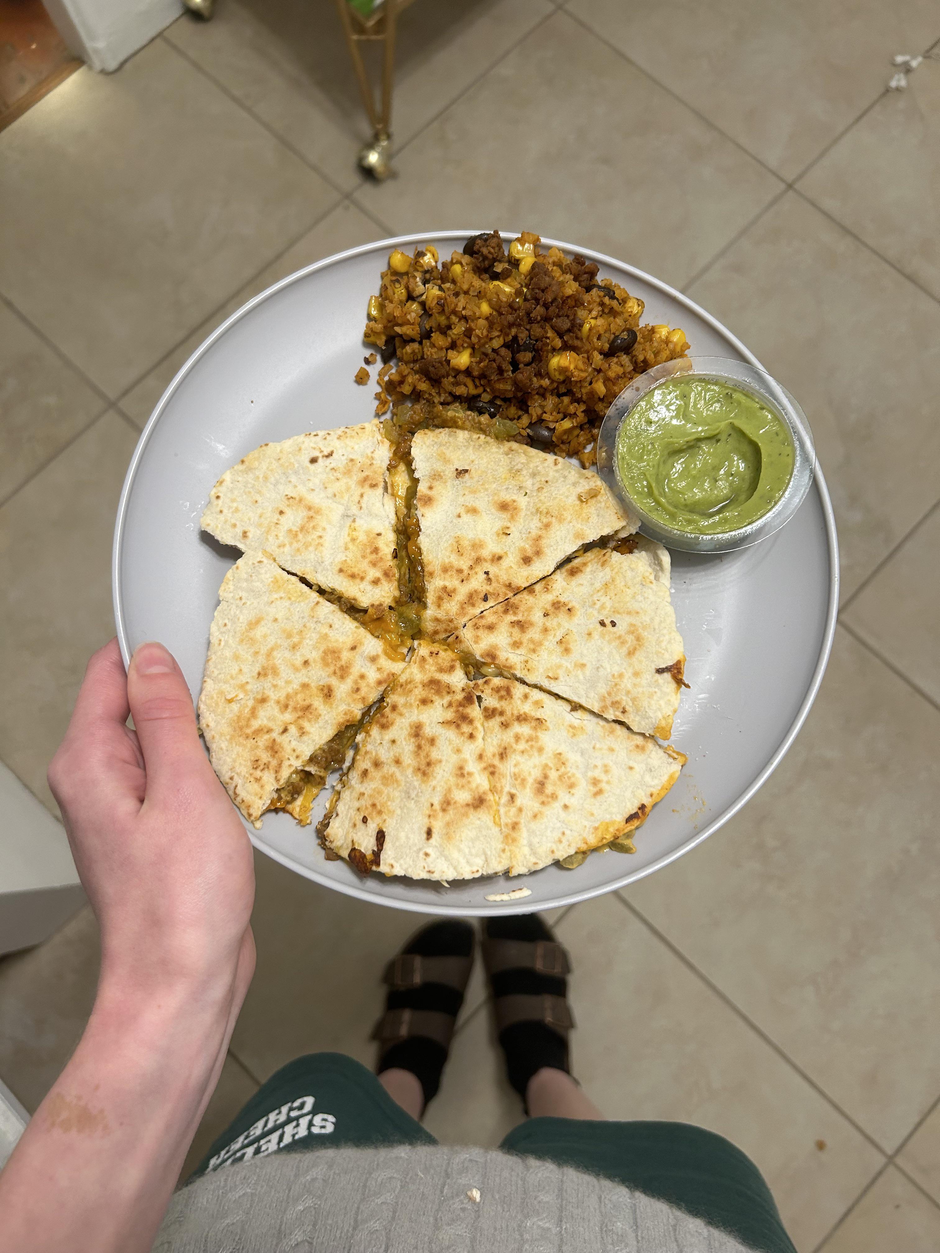 quesadilla with carb balance tortillas, lightlife taco crumbles, credo