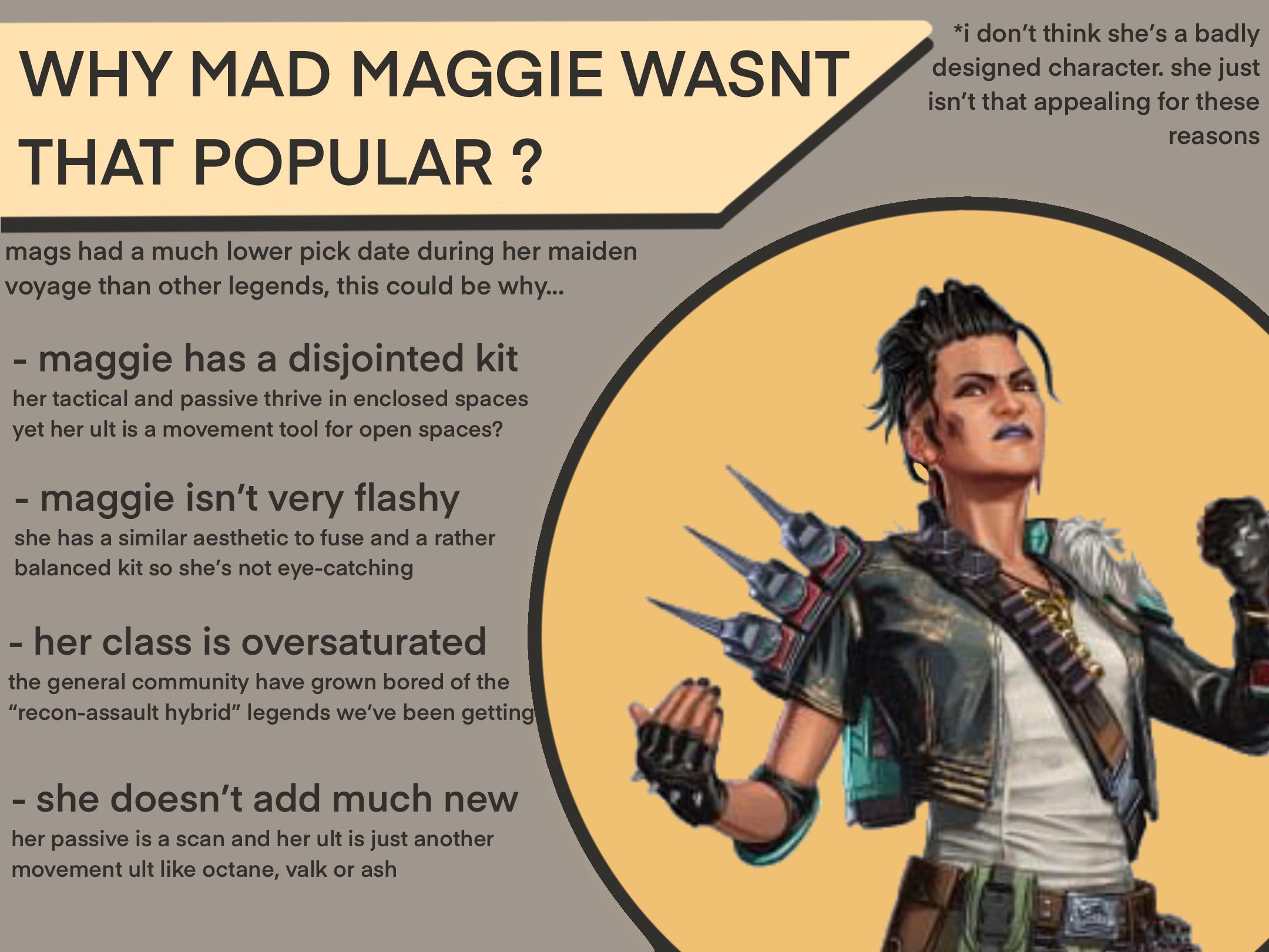 it’s no news that maggie had a lower pickrate than other new legends, i