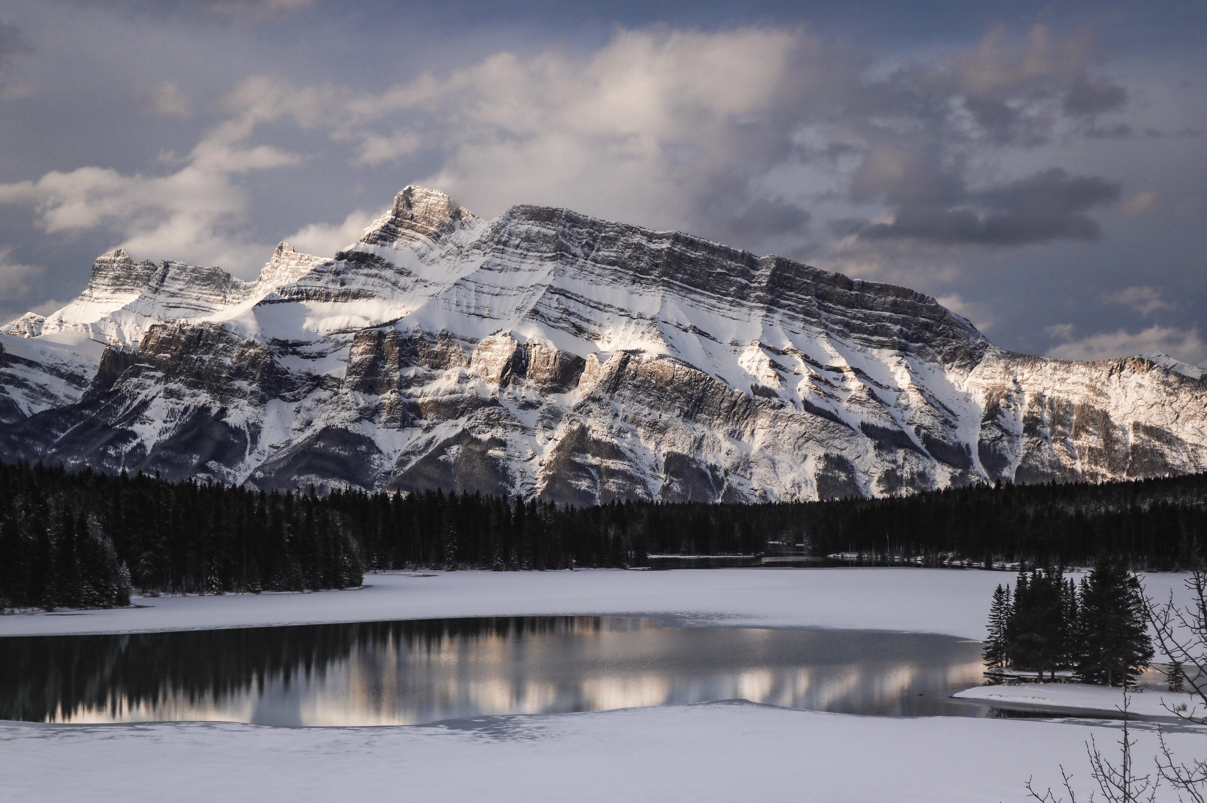 Mt. Rundle & Two Jack Lake after a night of surprise snowstorm at the