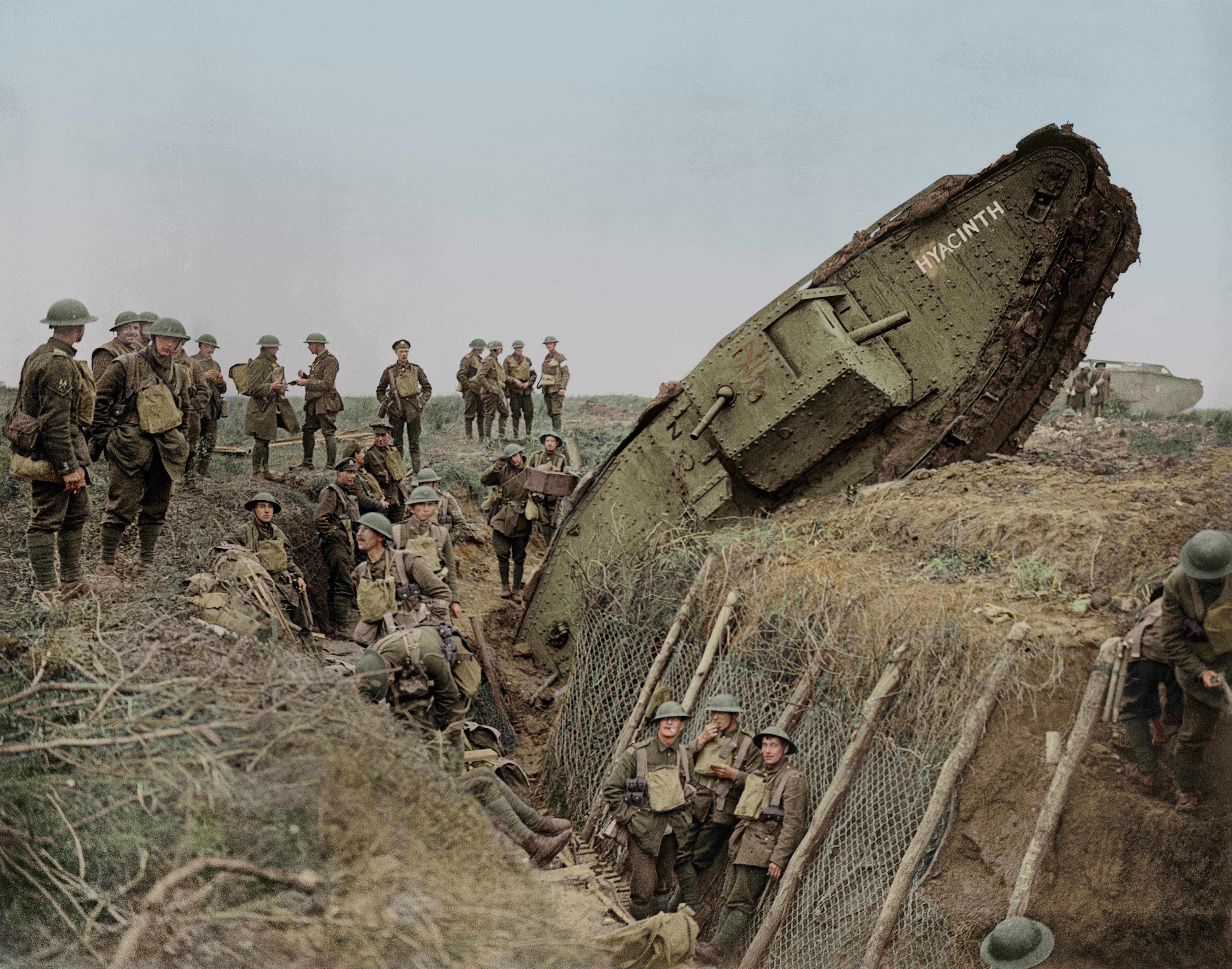 A Mark IV tank ditched in a German trench during the Battle of Cambrai