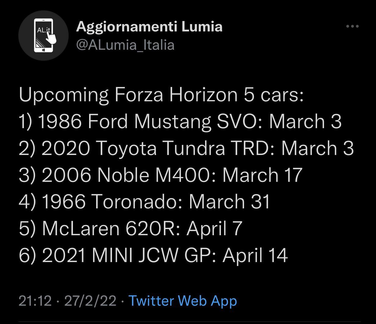 cars (for car pass) leaked r/ForzaHorizon