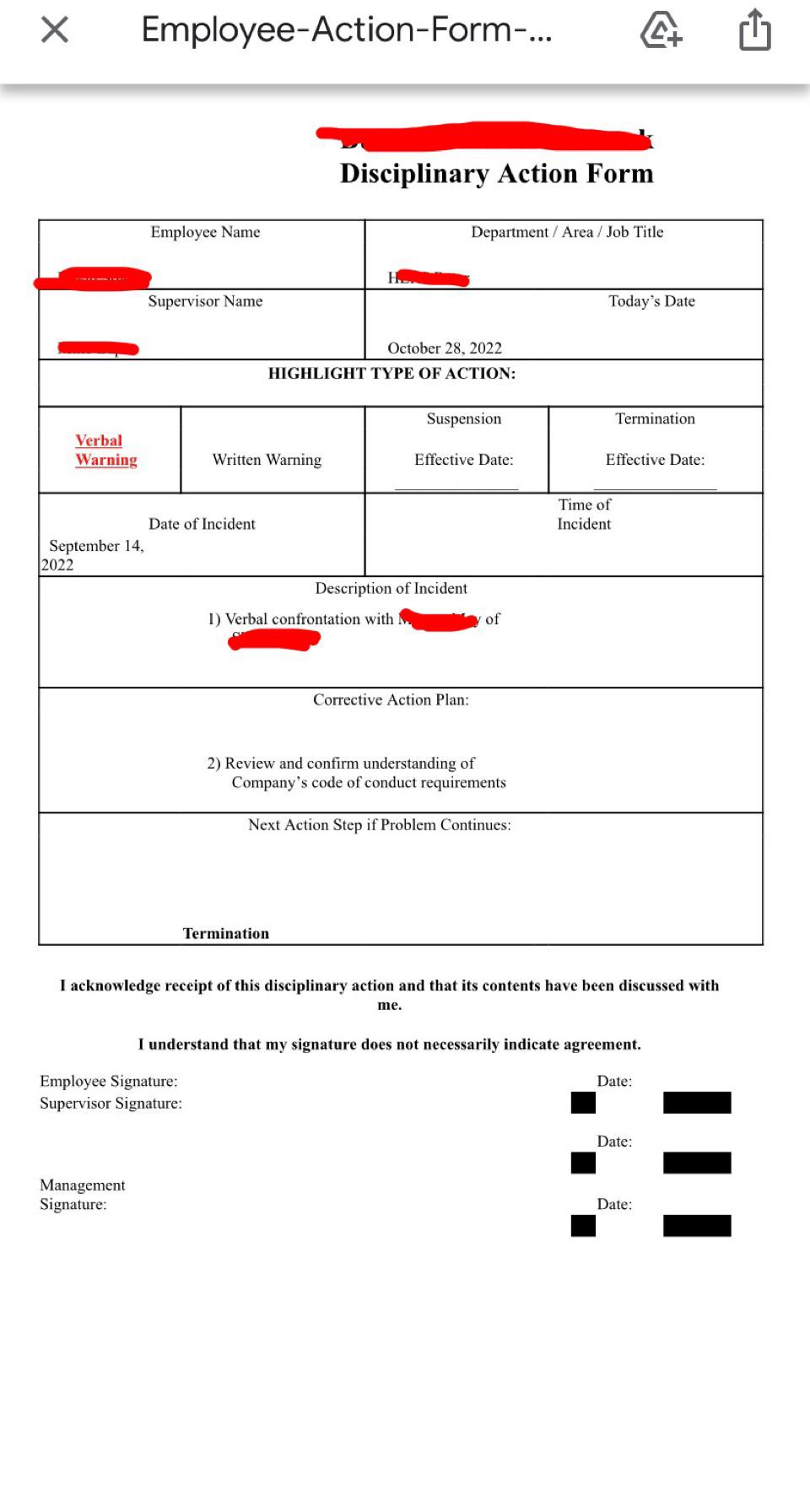 Employer sent me this, write up for a verbal warning, only thing is the