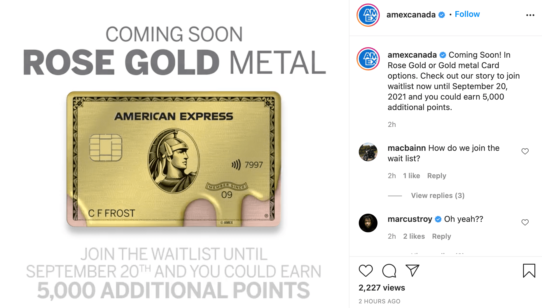 Amex Gold & Rose Gold metal card, is now here in Canada! Sept 20! r