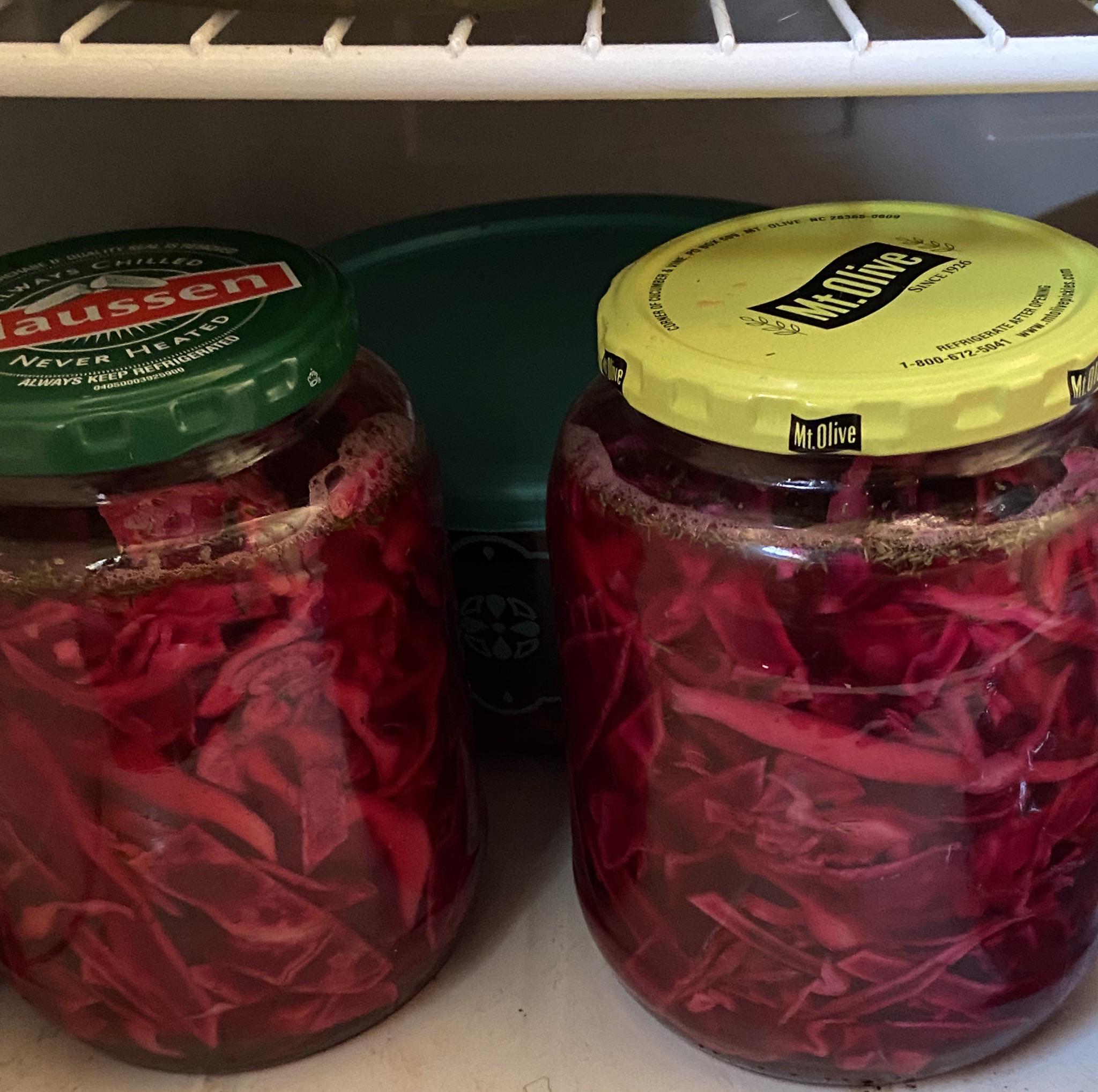 First attempt at pickling! Red cabbage 😁 3 jars and a full Pyrex