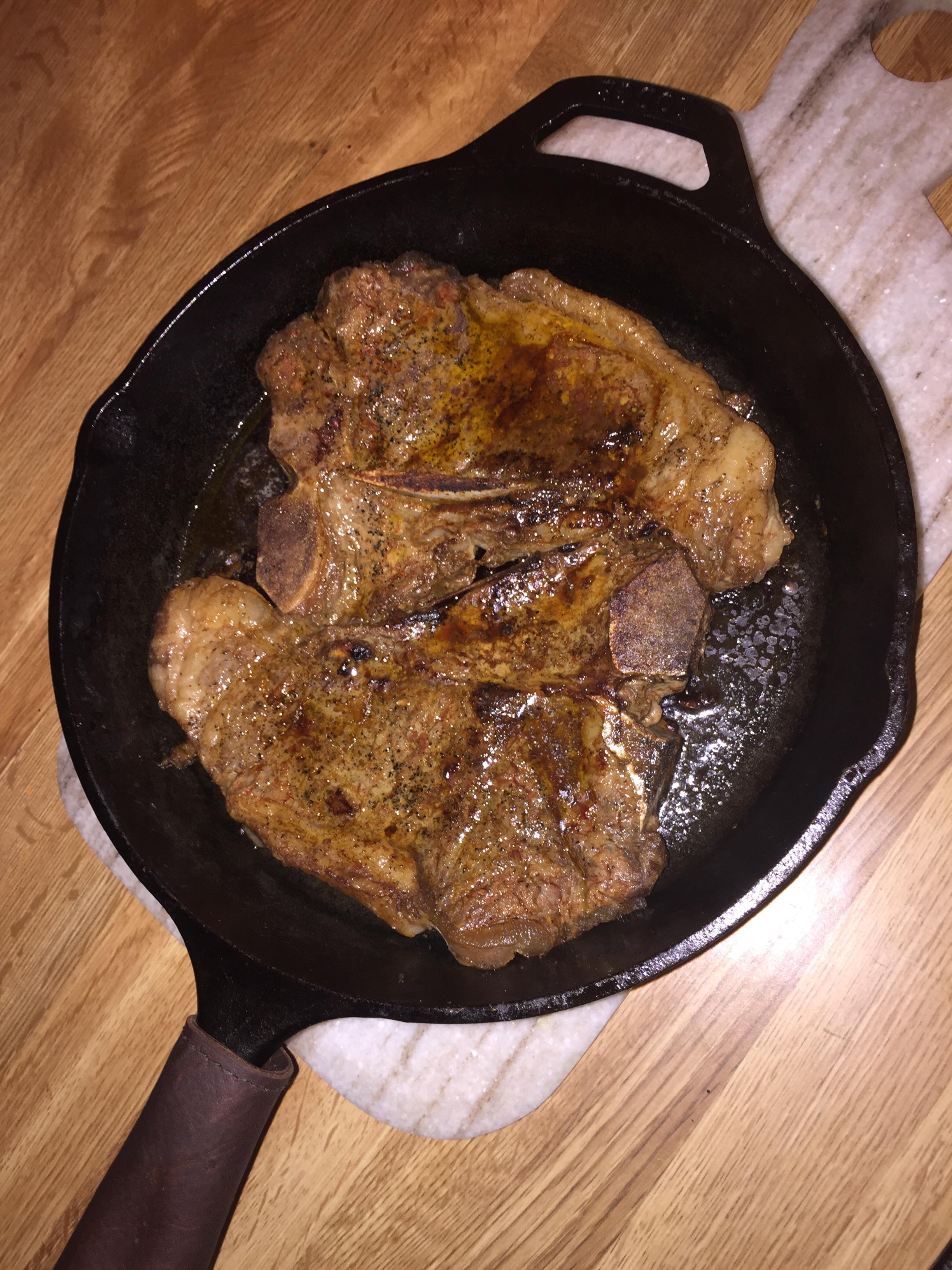 T bone steaks. Seasoned with salt, pepper, garlic, and coffee grounds
