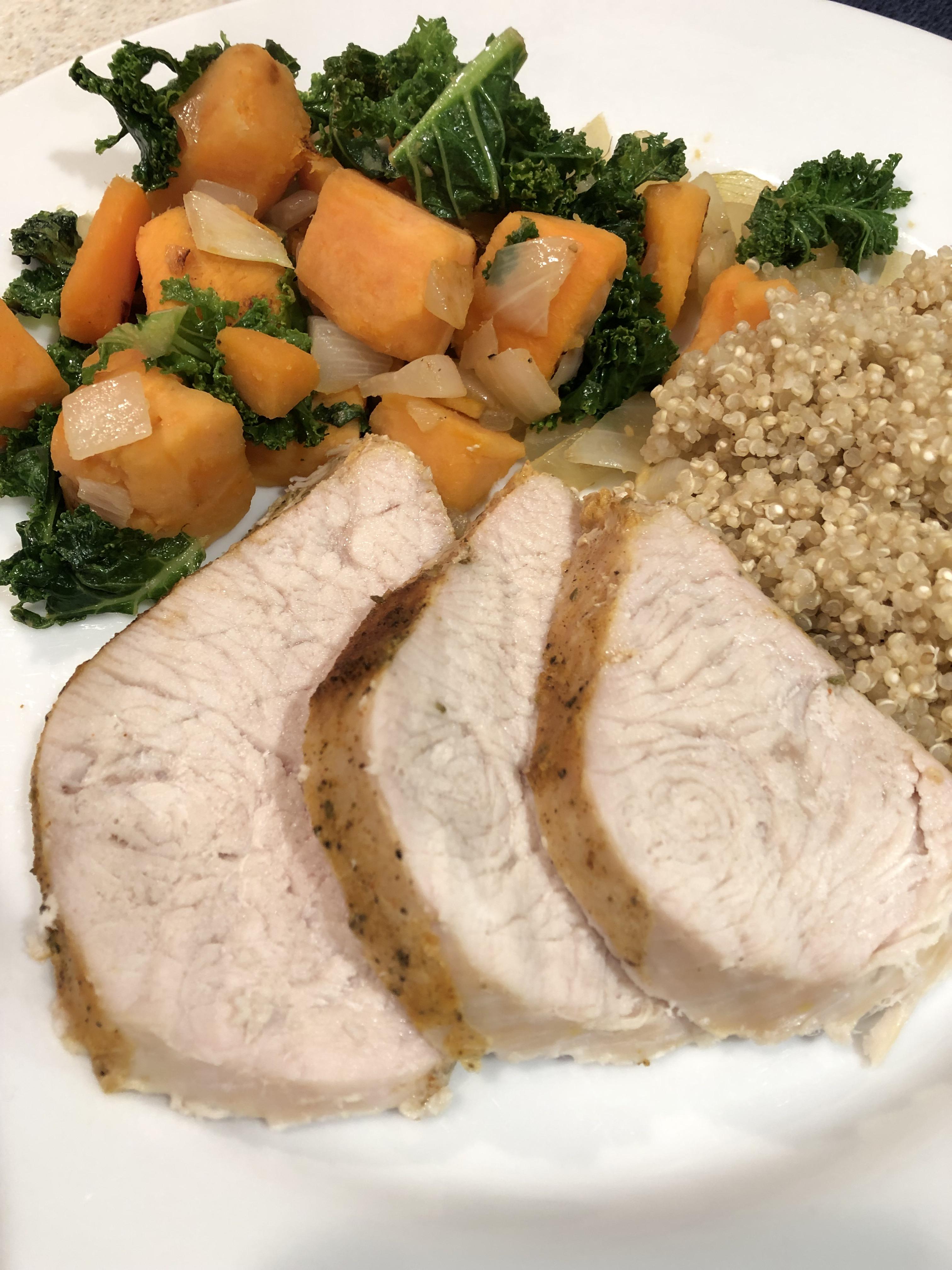 Roasted turkey breast, quinoa, and veggie medley with onion/sweet