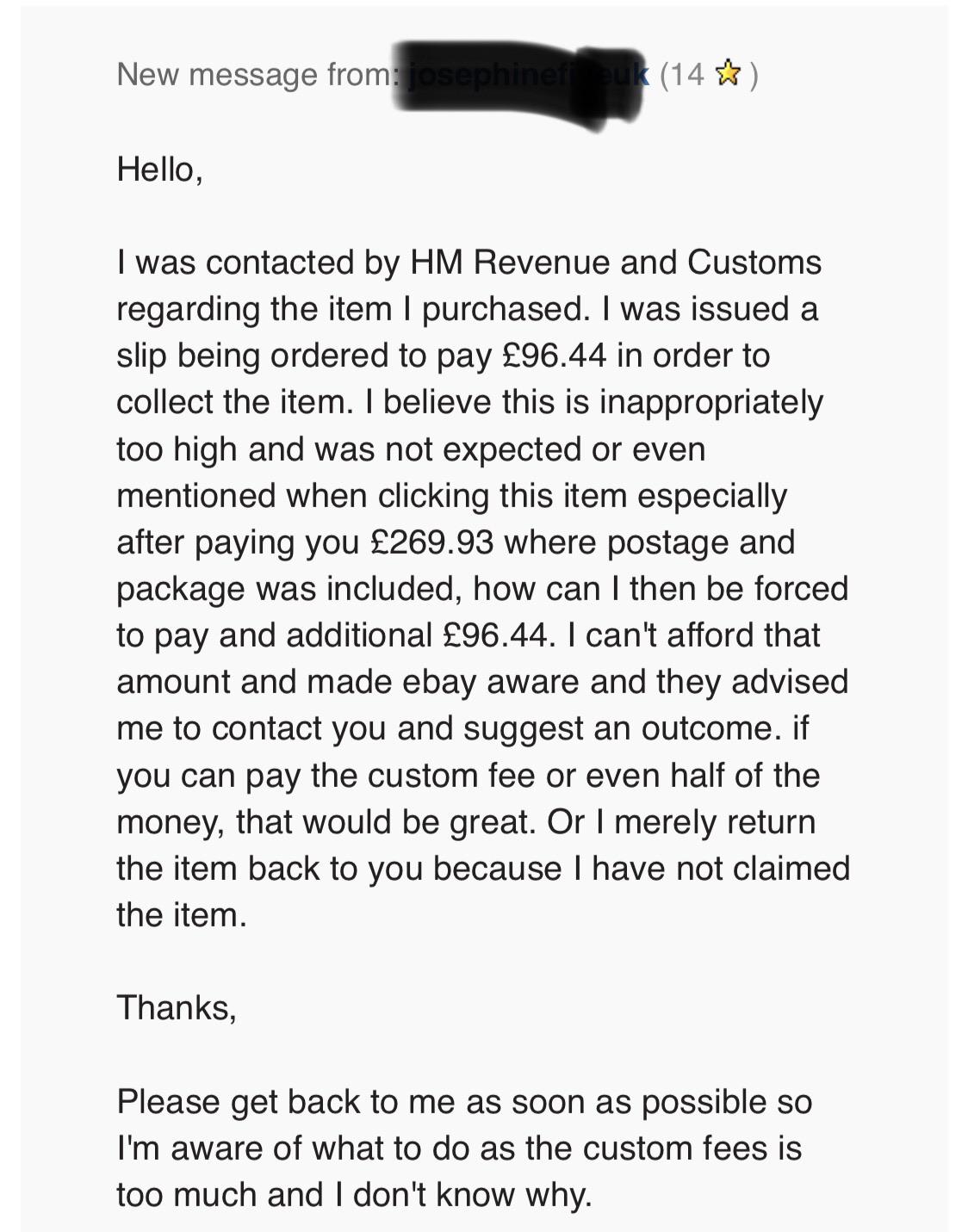 Responding to seller complaining about customs fees...How can I
