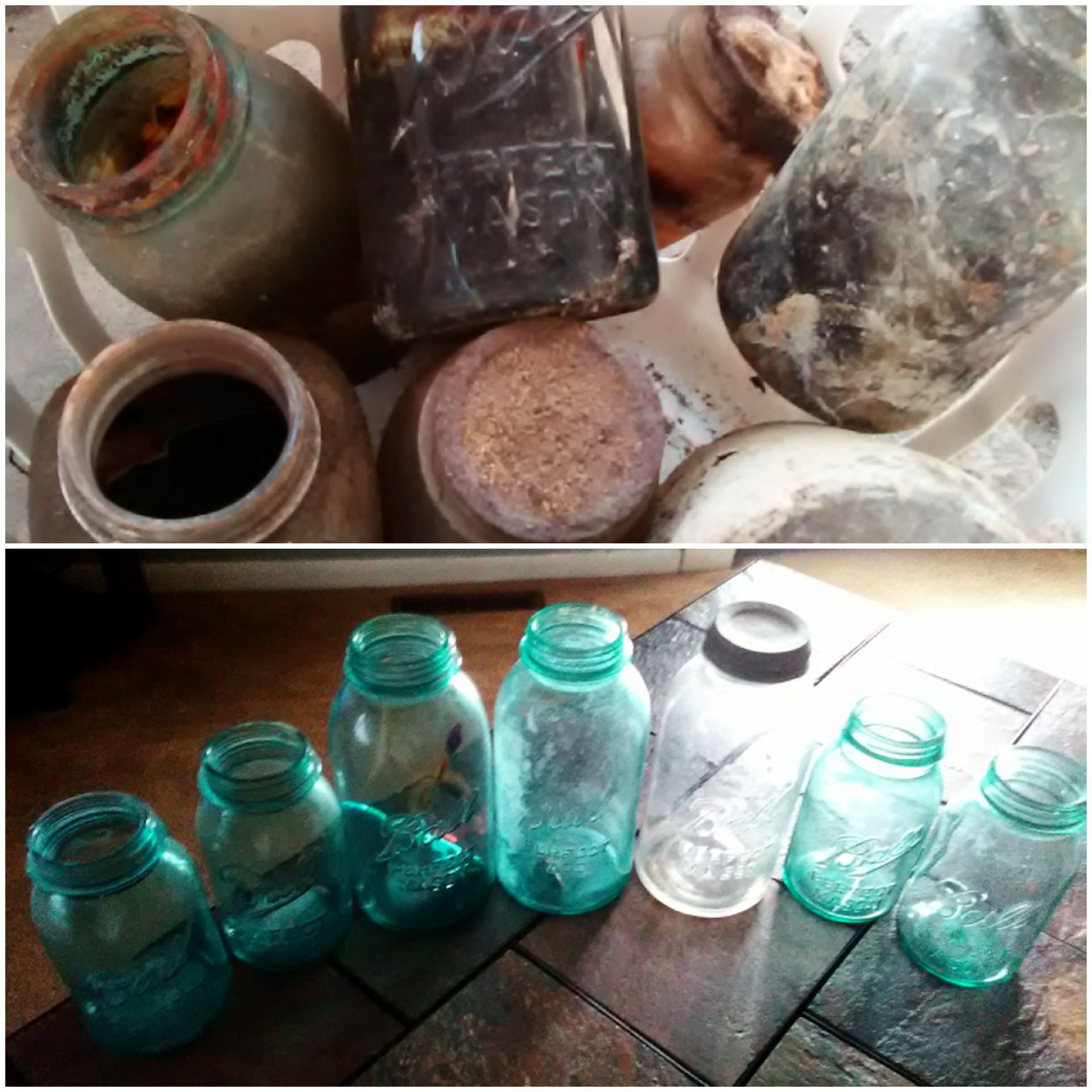 (Aprox)100 year old ball jars before/after cleaning r/mildlyinteresting