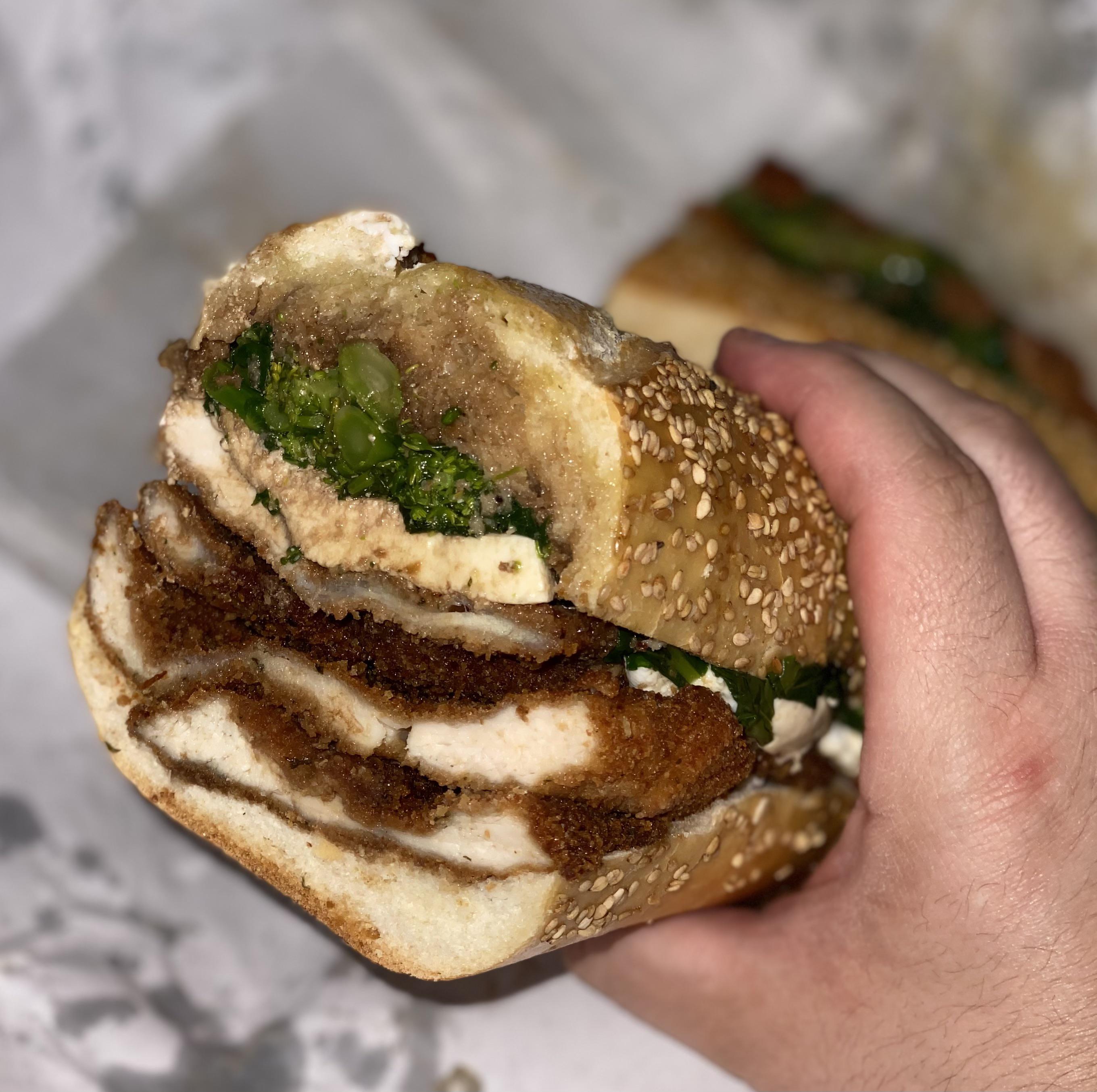 Chicken cutlet, broccoli rabe, fresh mozzarella and balsamic on seeded