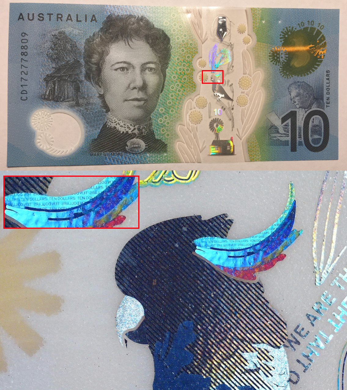 New Australian bank notes have holographic microprinting 0.05mm in
