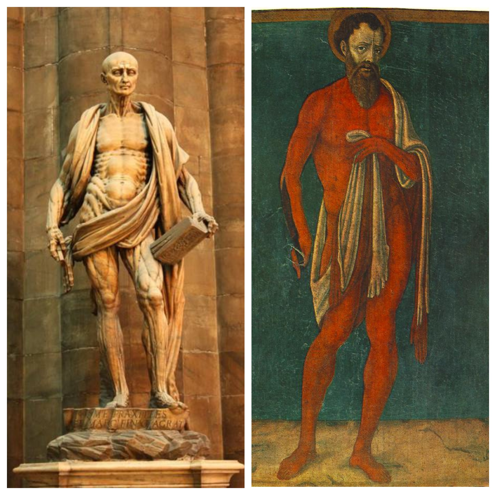 Saint depicted with his skin in his arms Bartholomew the Apostle is