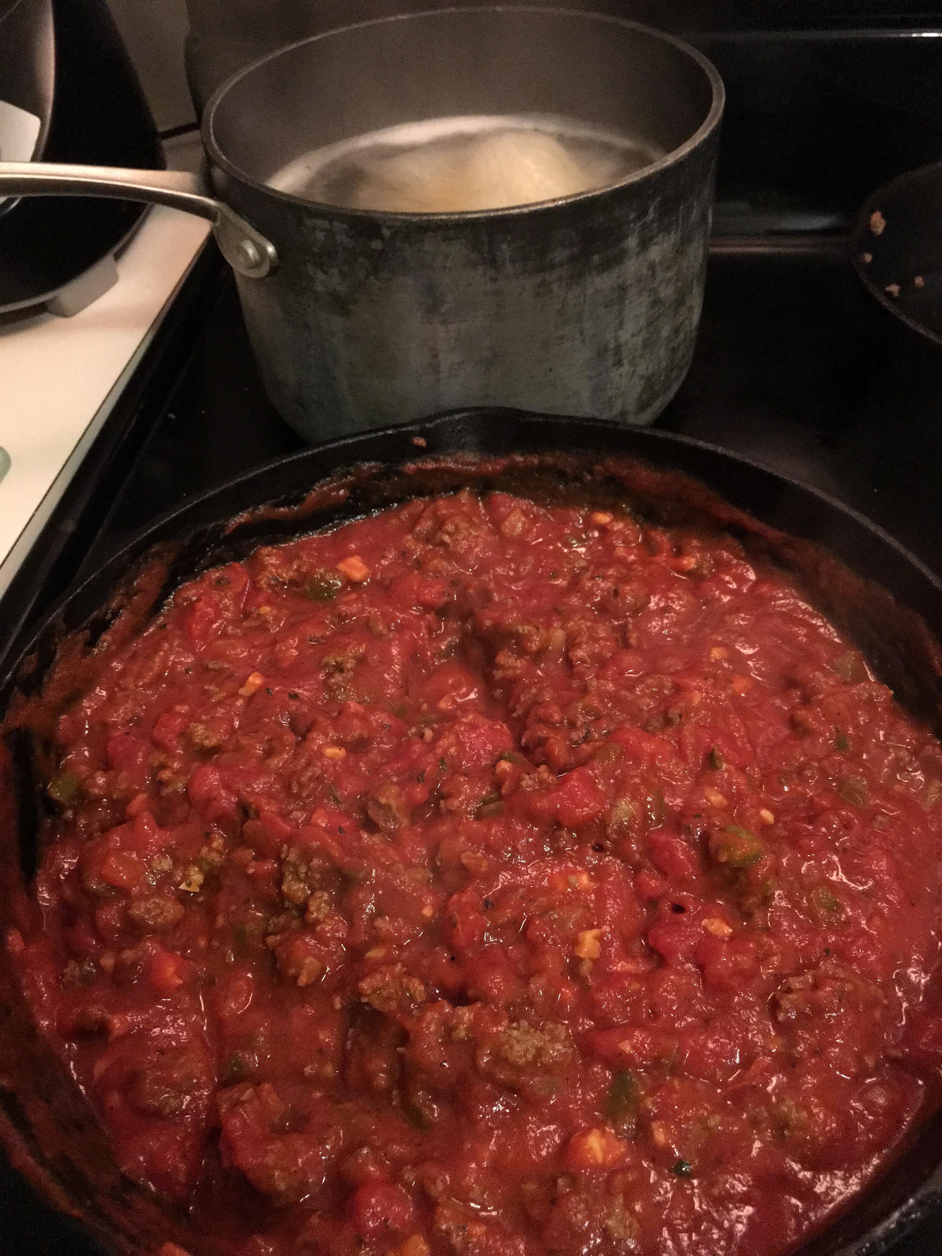 Homemade spicy Texas spaghetti featuring homegrown jalapeño with turkey