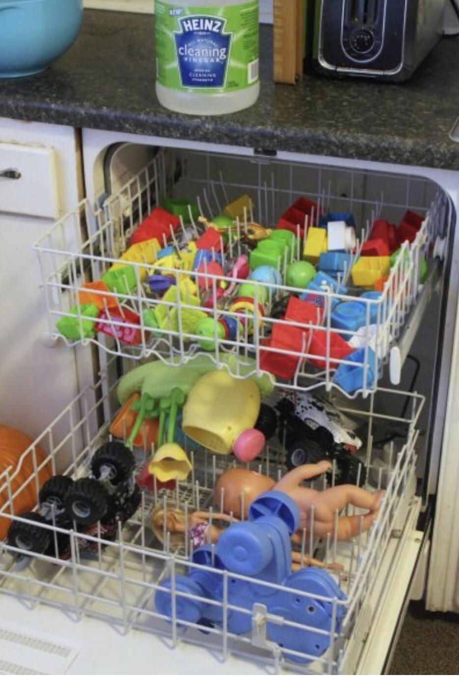 Put toys in the dishwasher with a little white vinegar to disinfect and