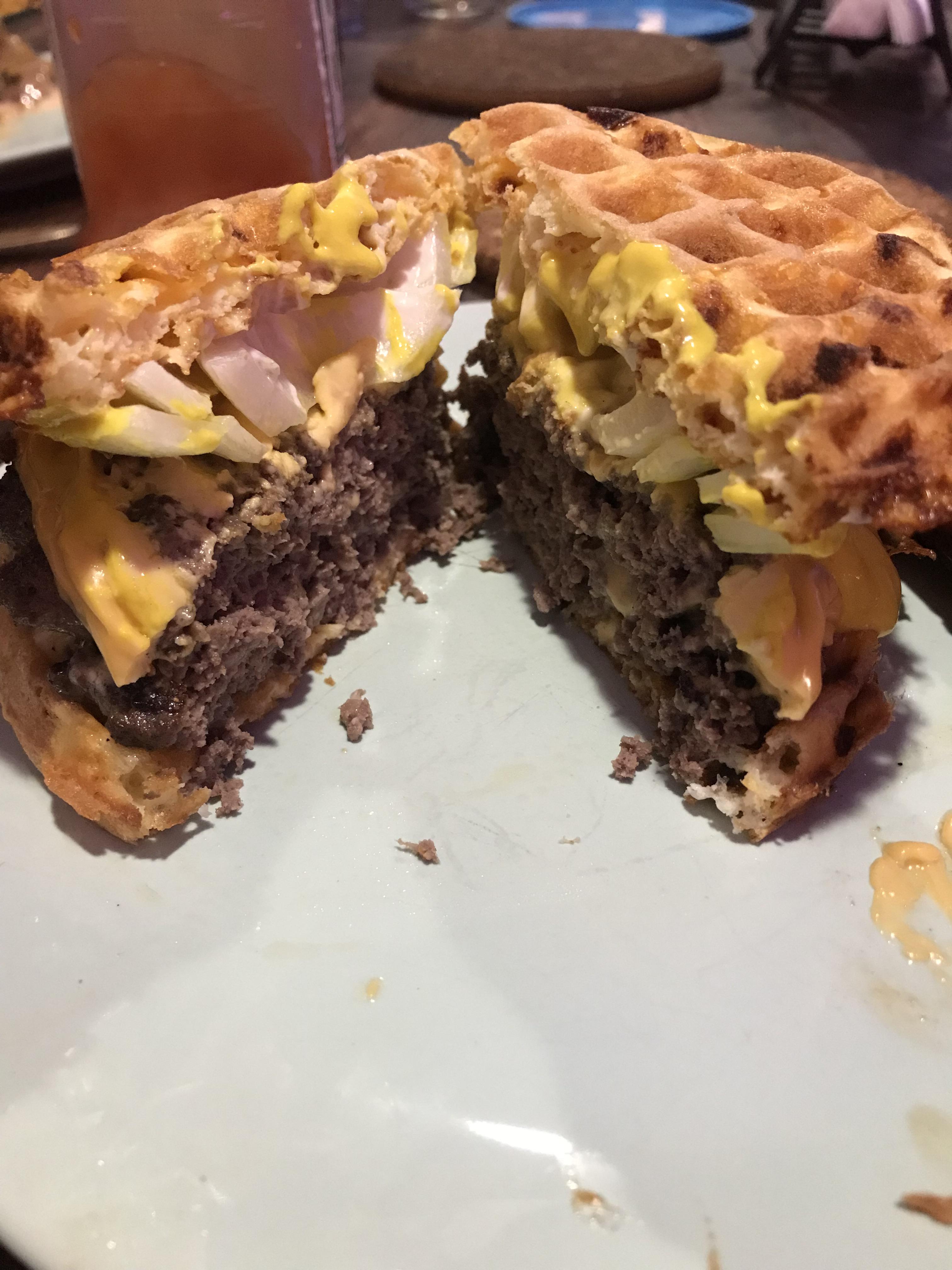 50/50 cheddar & mozzarella chaffle with a double patty cheese burger