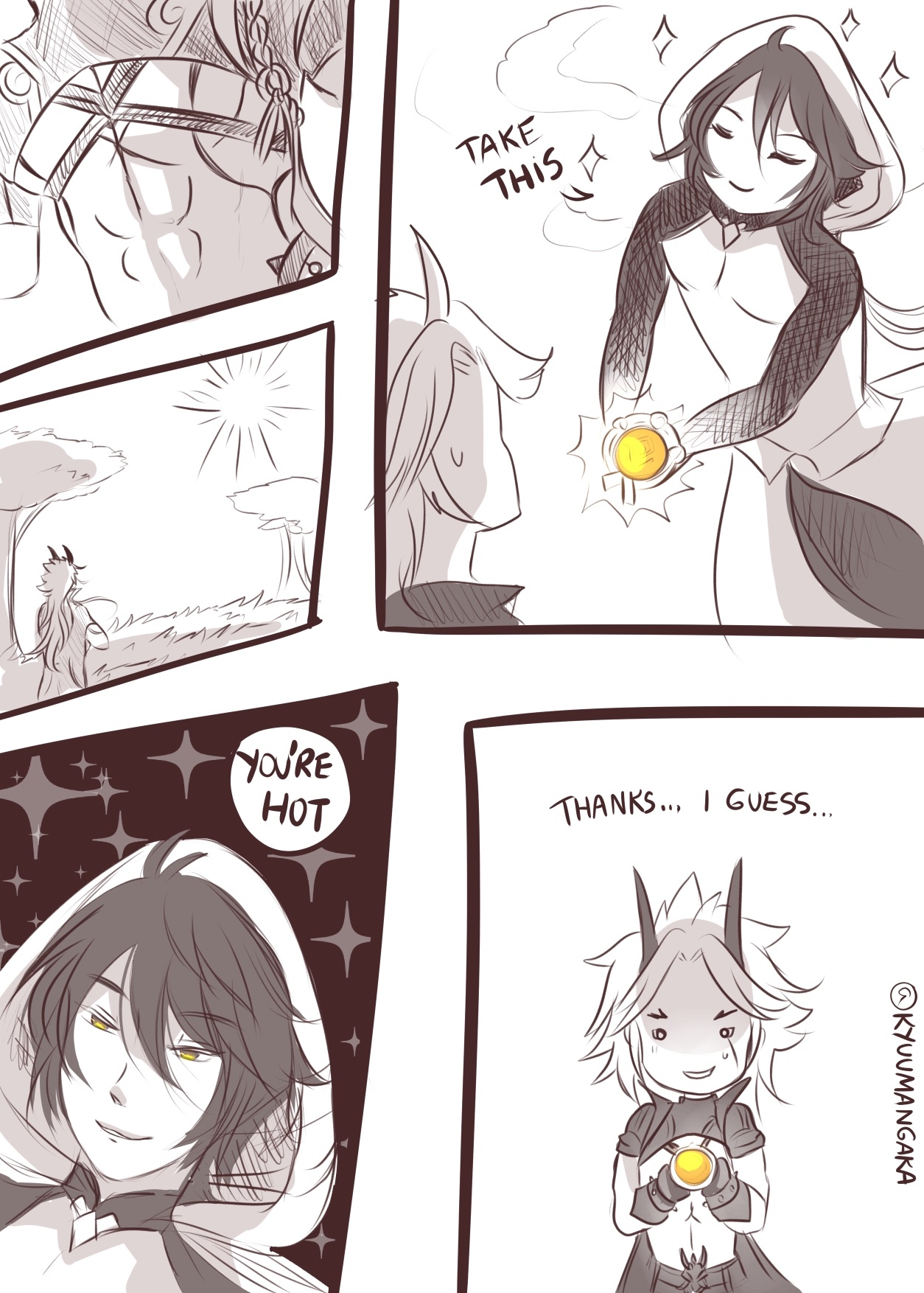 Zhongli giving the vision to Itto english version of my drawing r