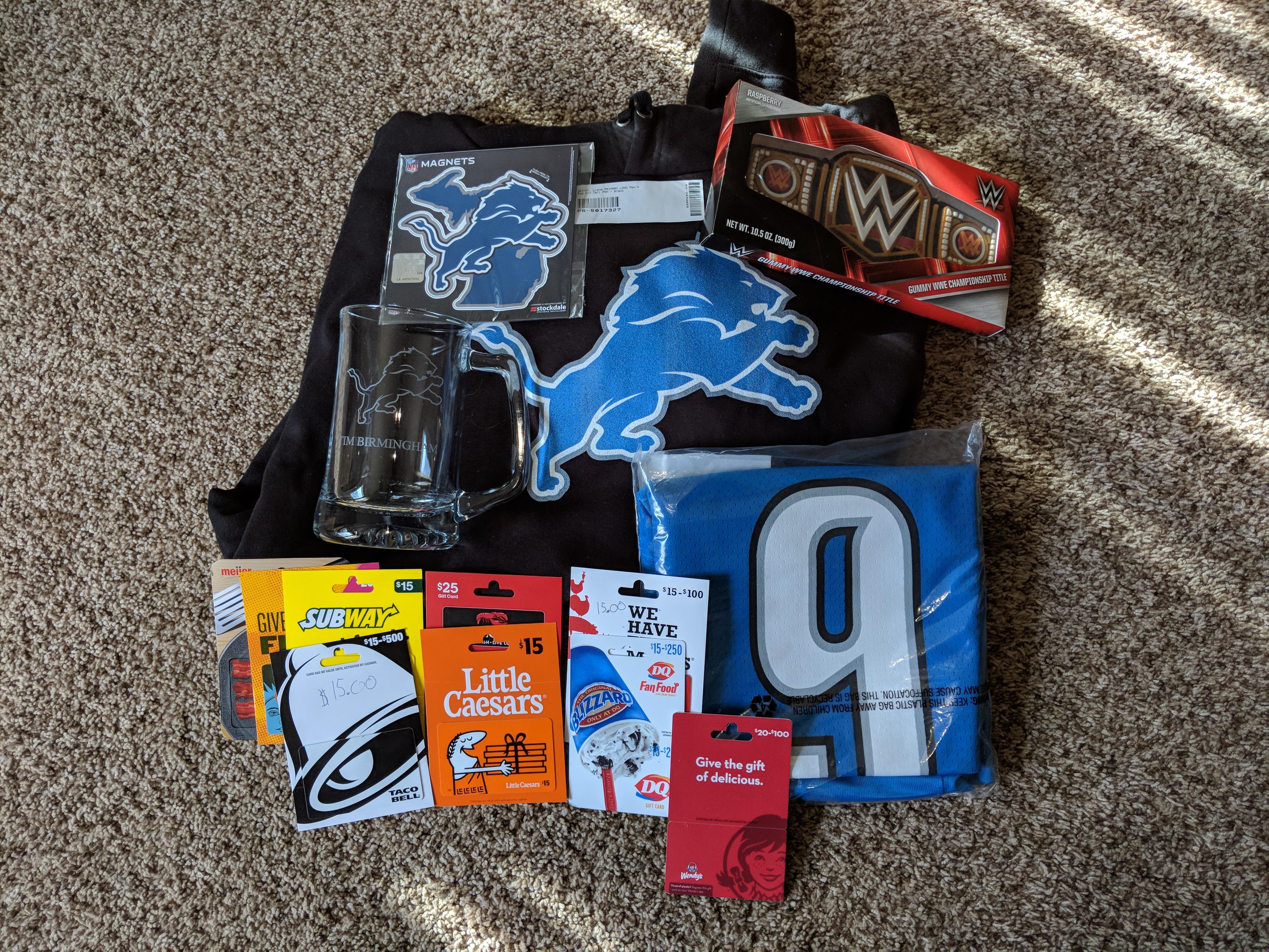 Gift basket that r/detroitlions has collected for Tim! Will be
