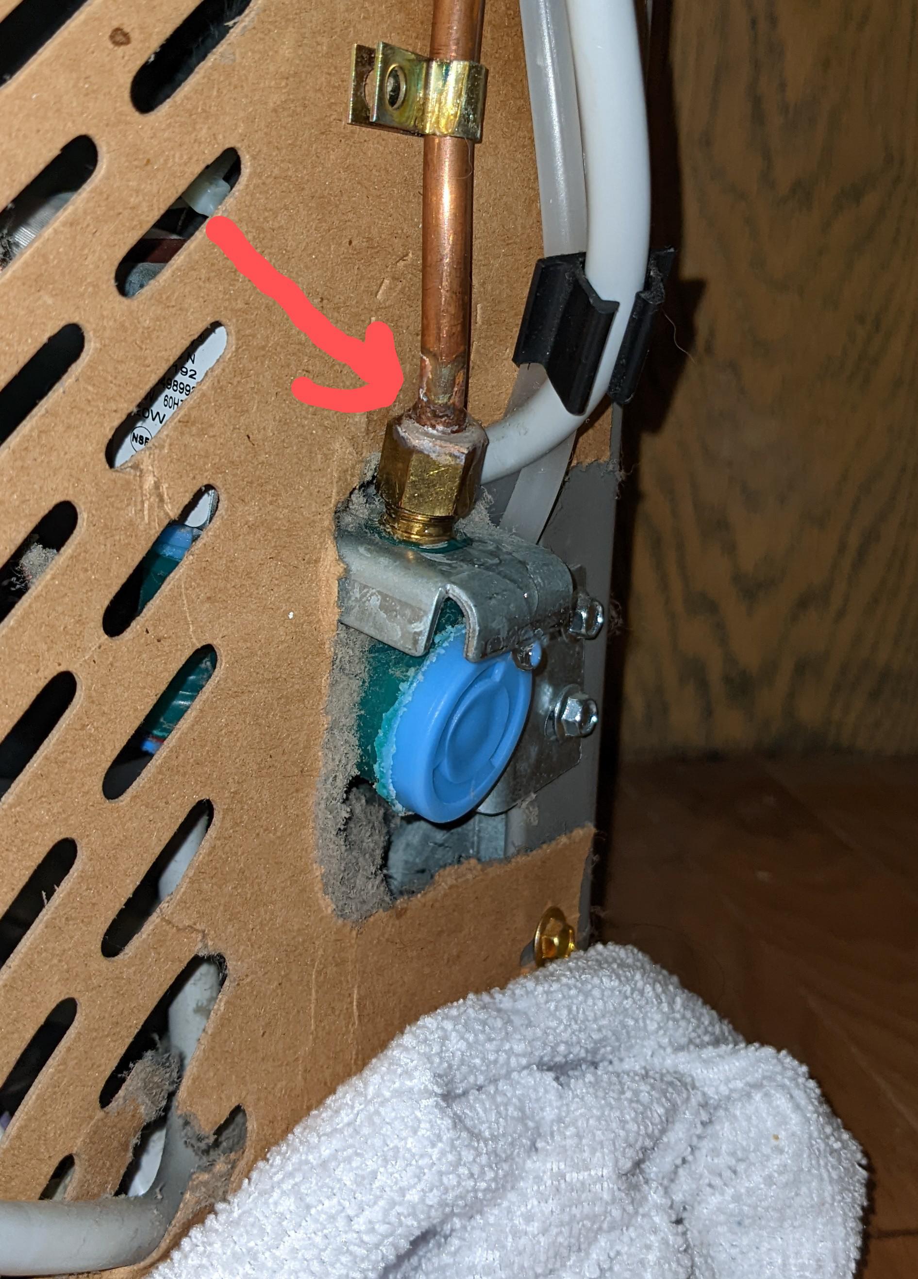 Fridge water line leaking where indicated. How can I fix this? I can