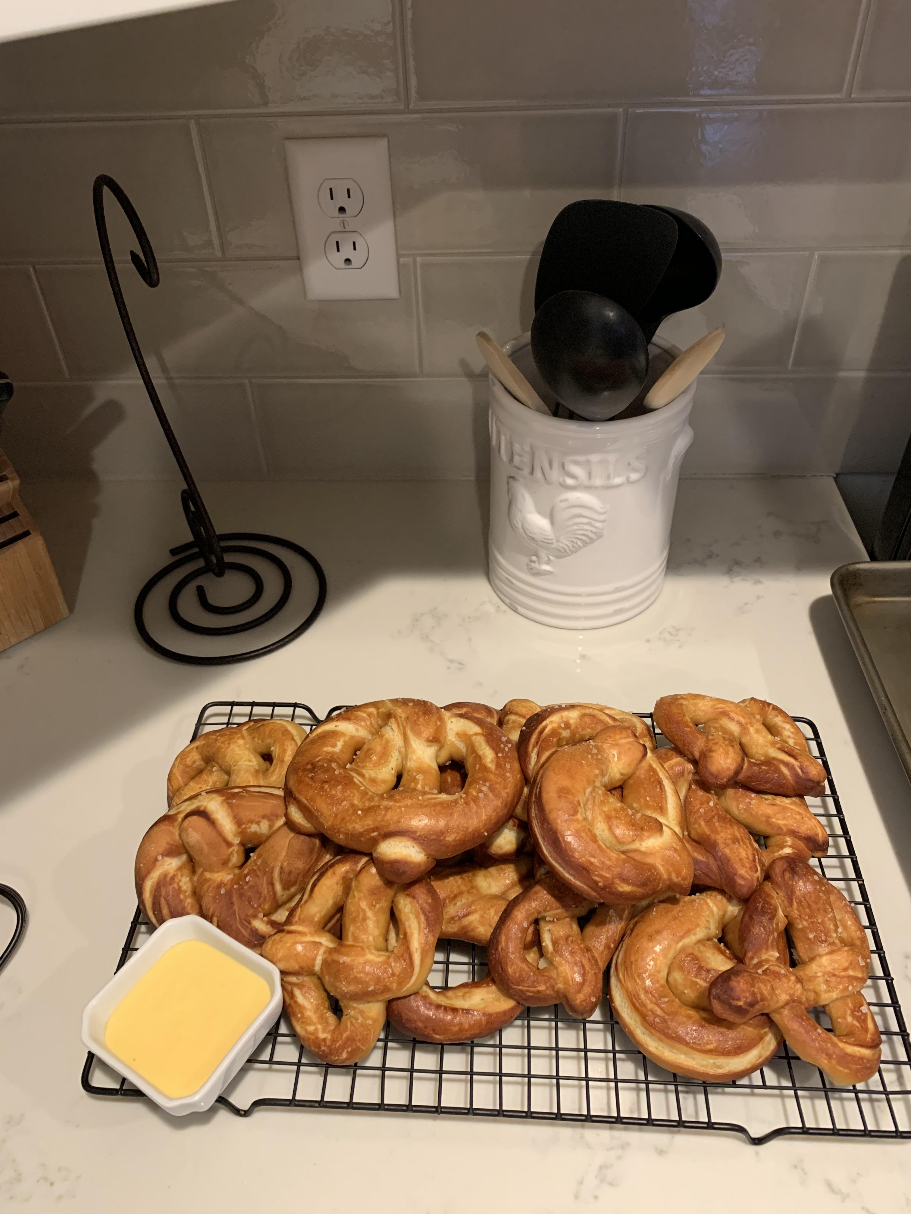 [Homemade] soft pretzels with cheddar cheese sauce r/food