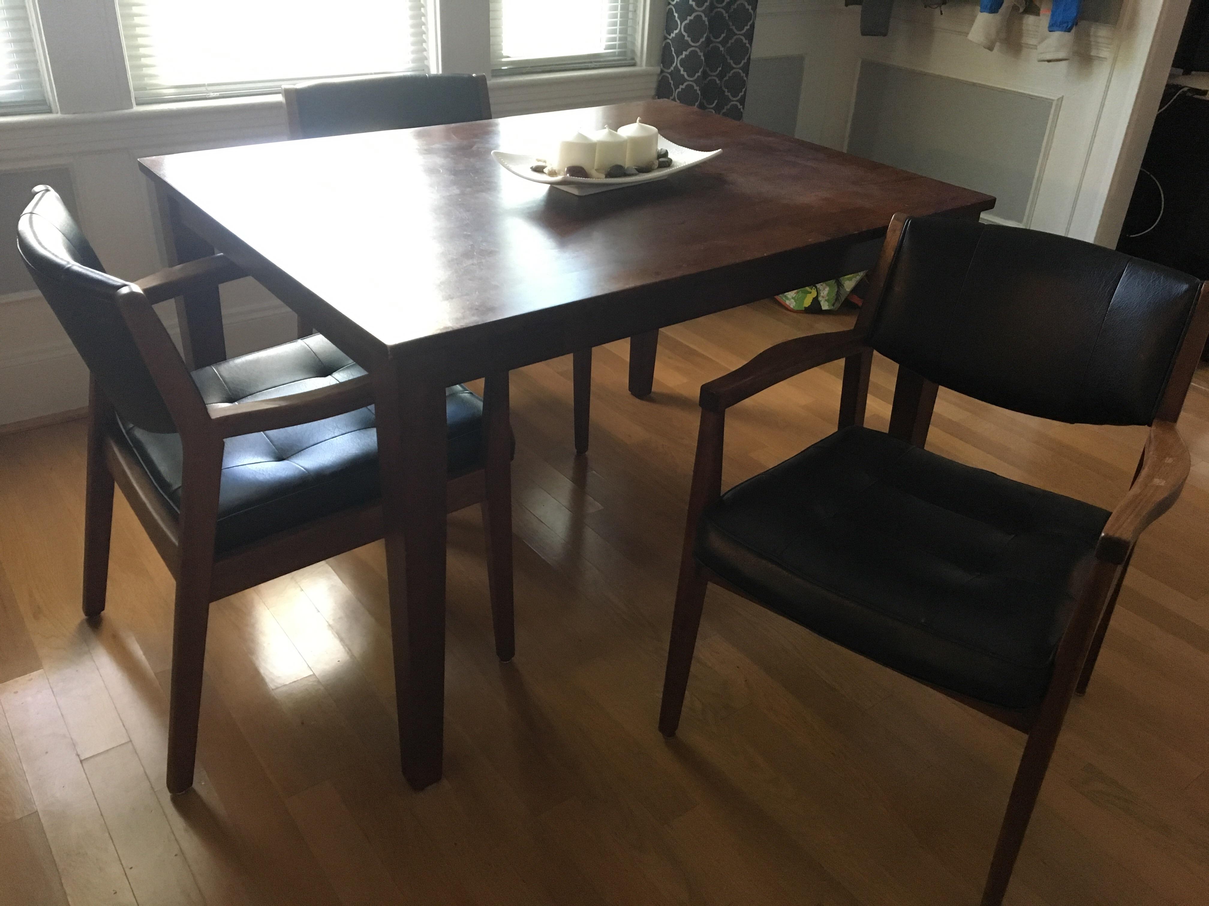 Found five oak and leather midcentury modern dining chairs for 240 at