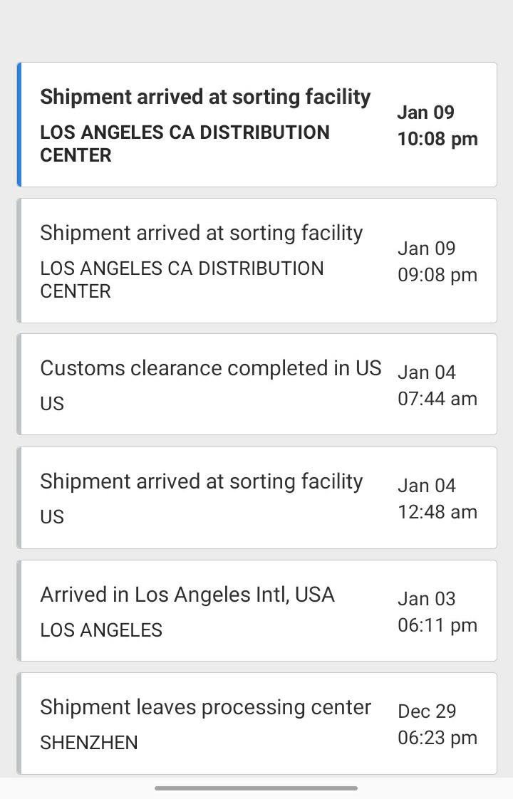 Shipment arrived at sorting facility, LOS ANGELES CA DISTRIBUTION