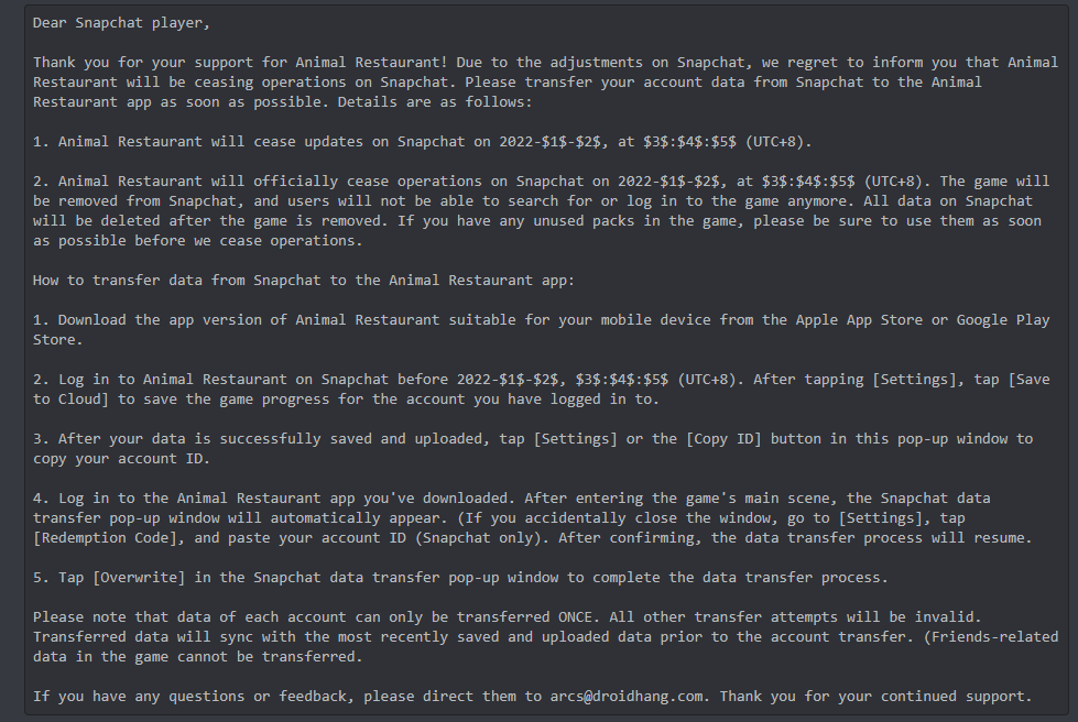Animal Restaurant is being removed from Snapchat r/AnimalRestaurant